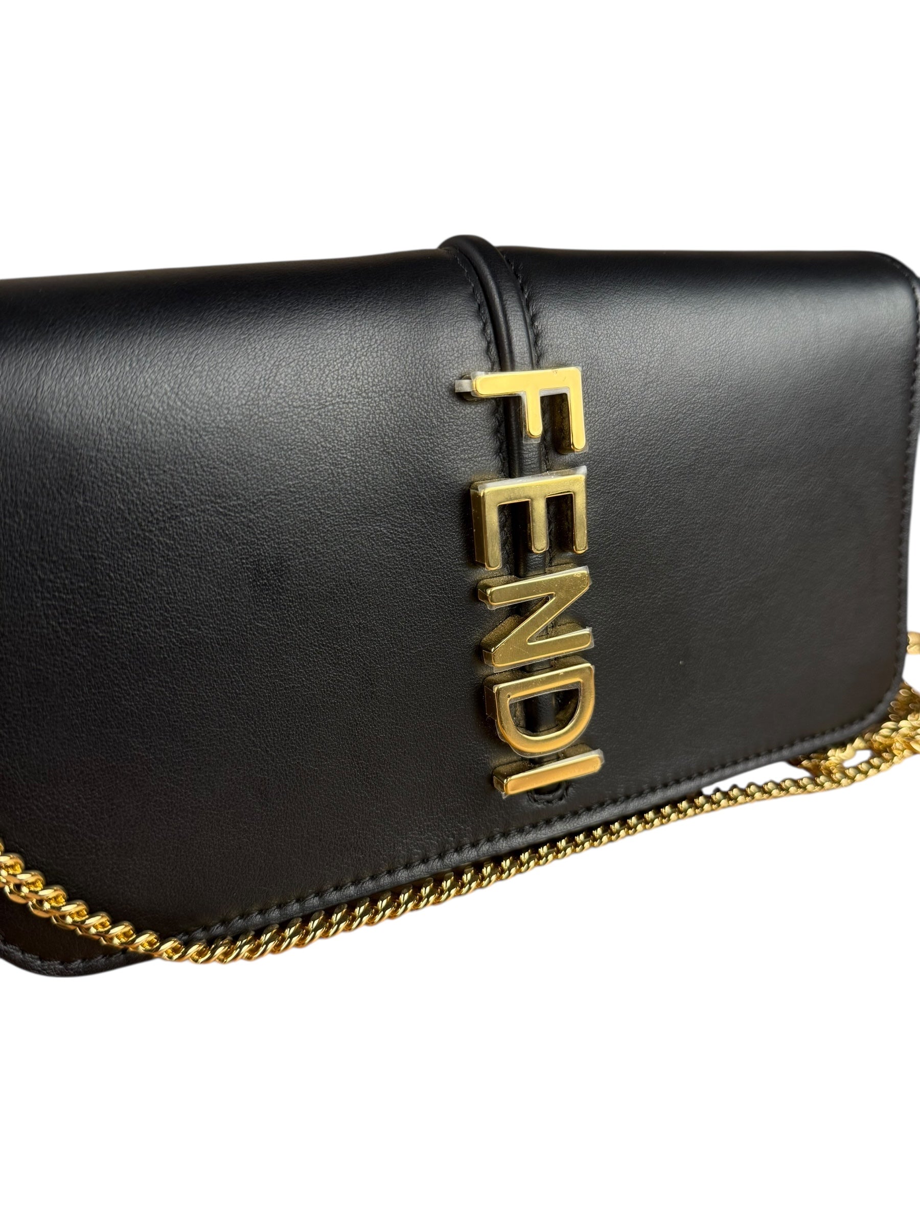 Fendi Fendigraphy Black Leather Wallet on Chain