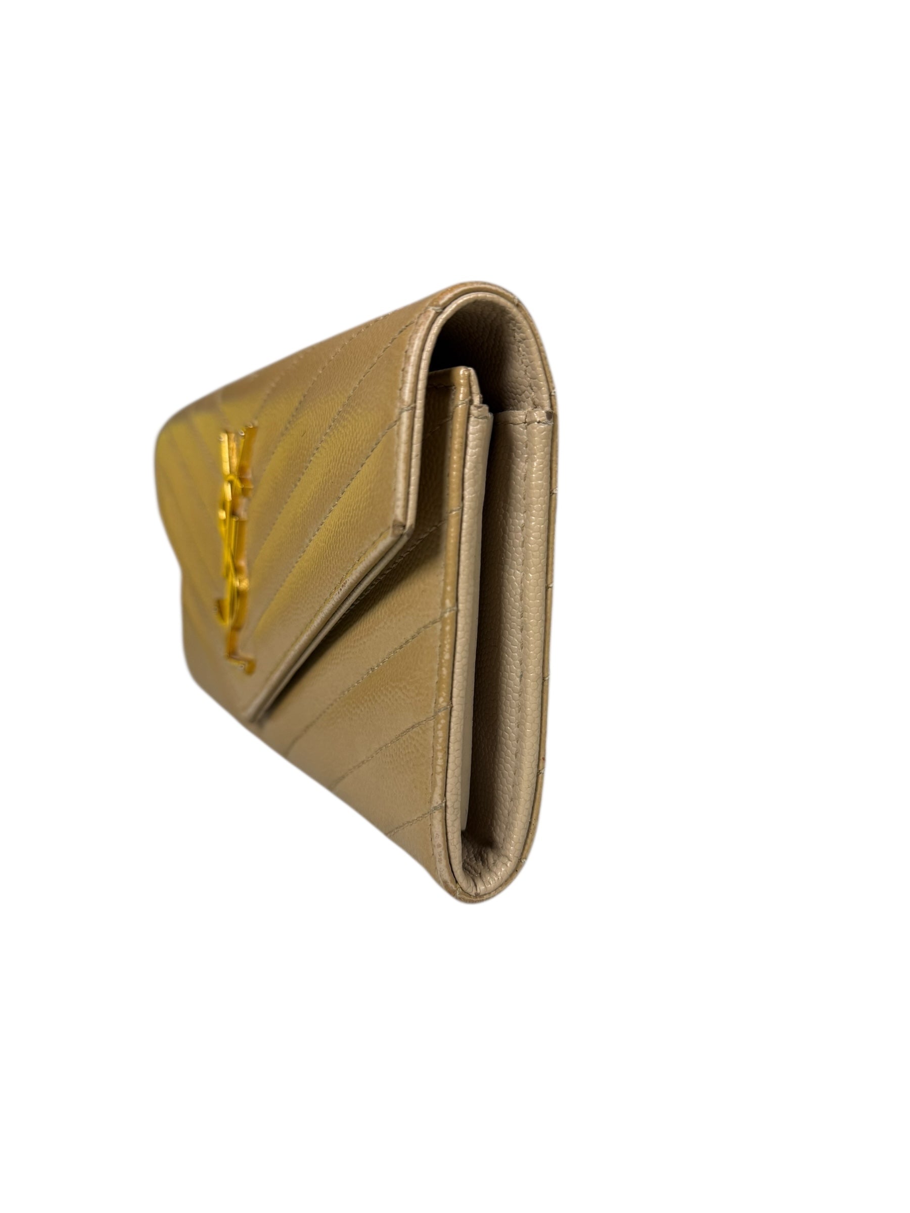 Saint Laurent Beige Grain de Poudre Chevron Long Wallet