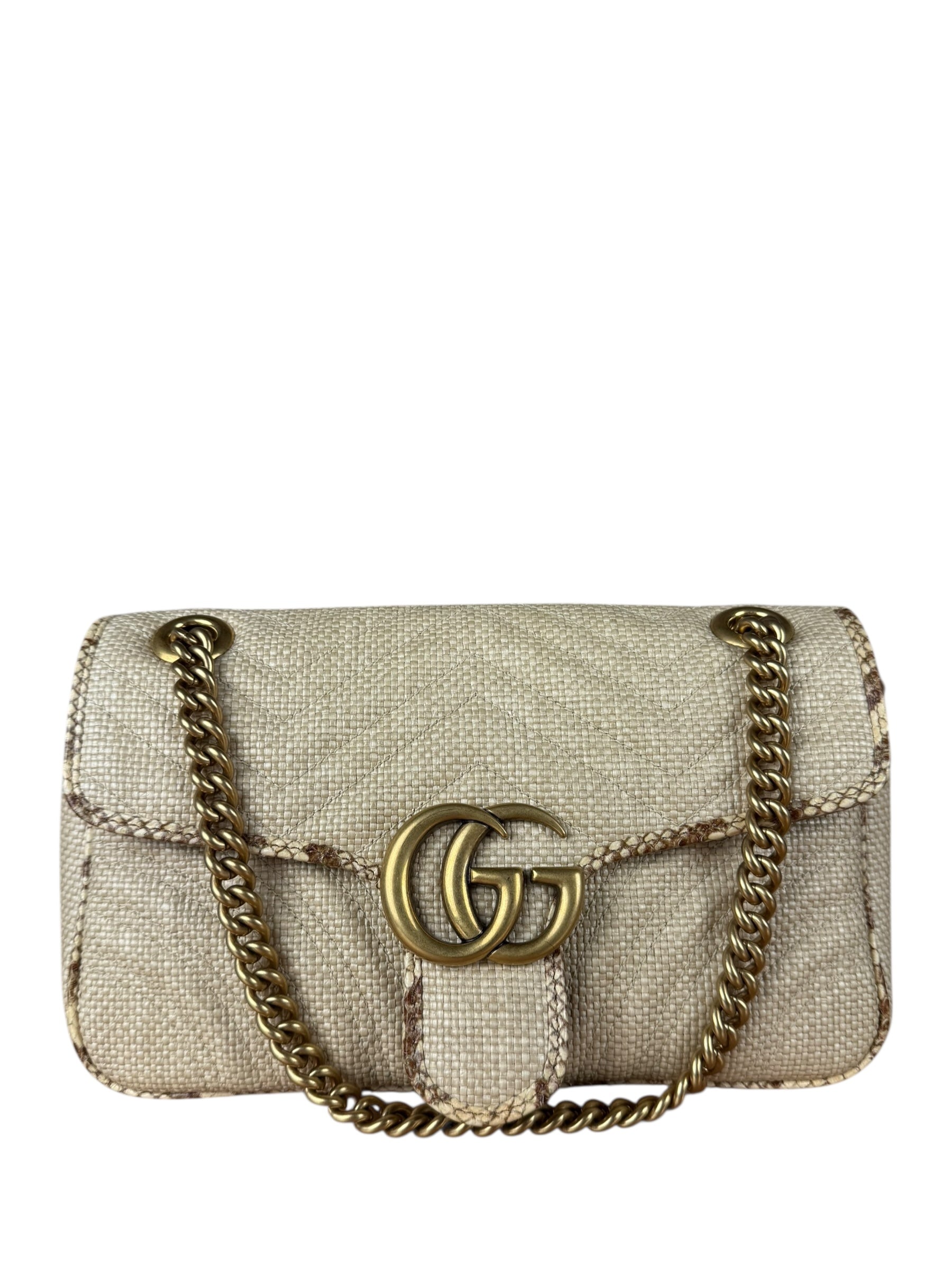 Gucci Raffia Snake-Trimmed Marmont Chain Bag