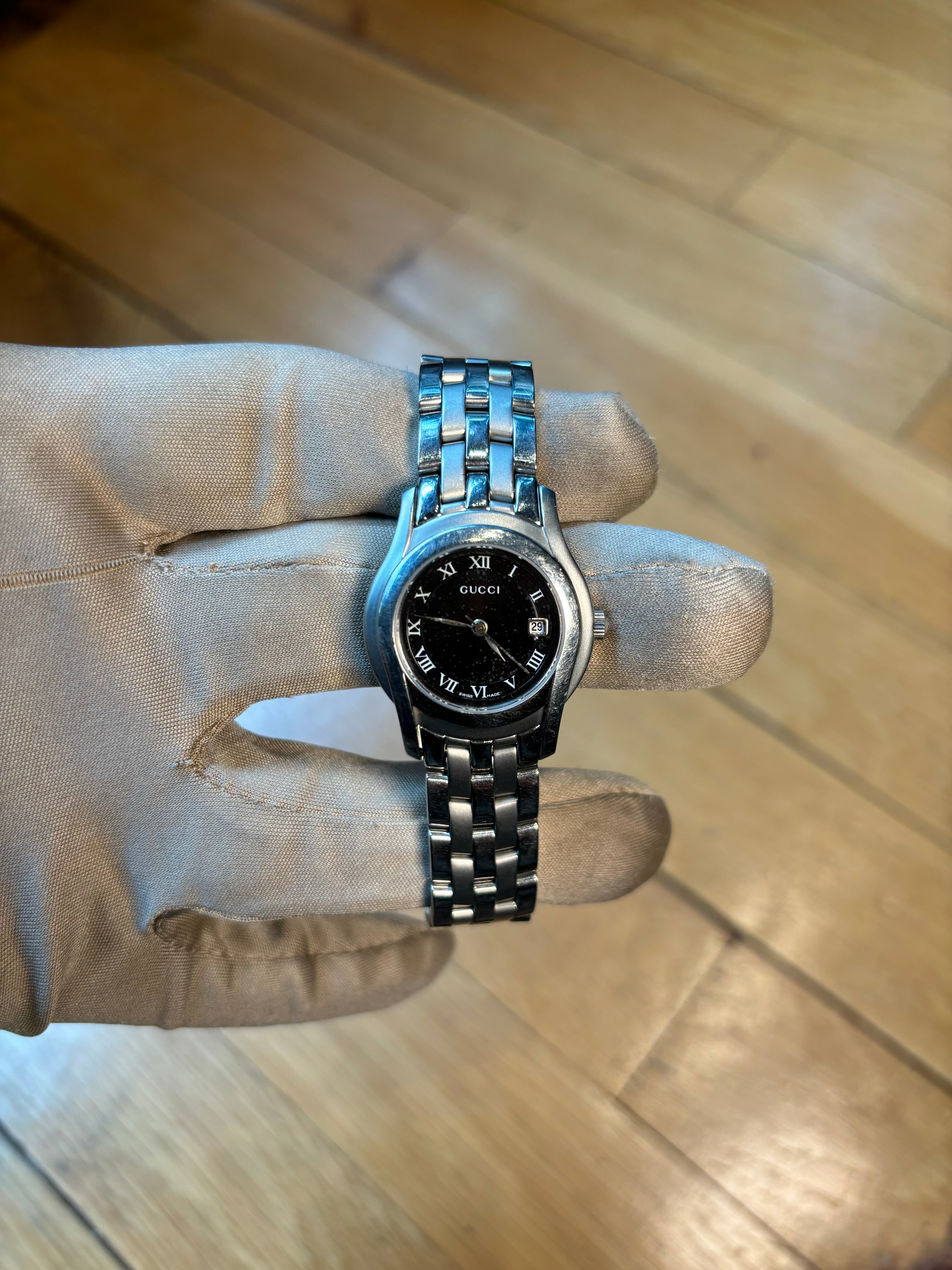 Gucci Stainless Steel Link Black Roman Numeral Dial