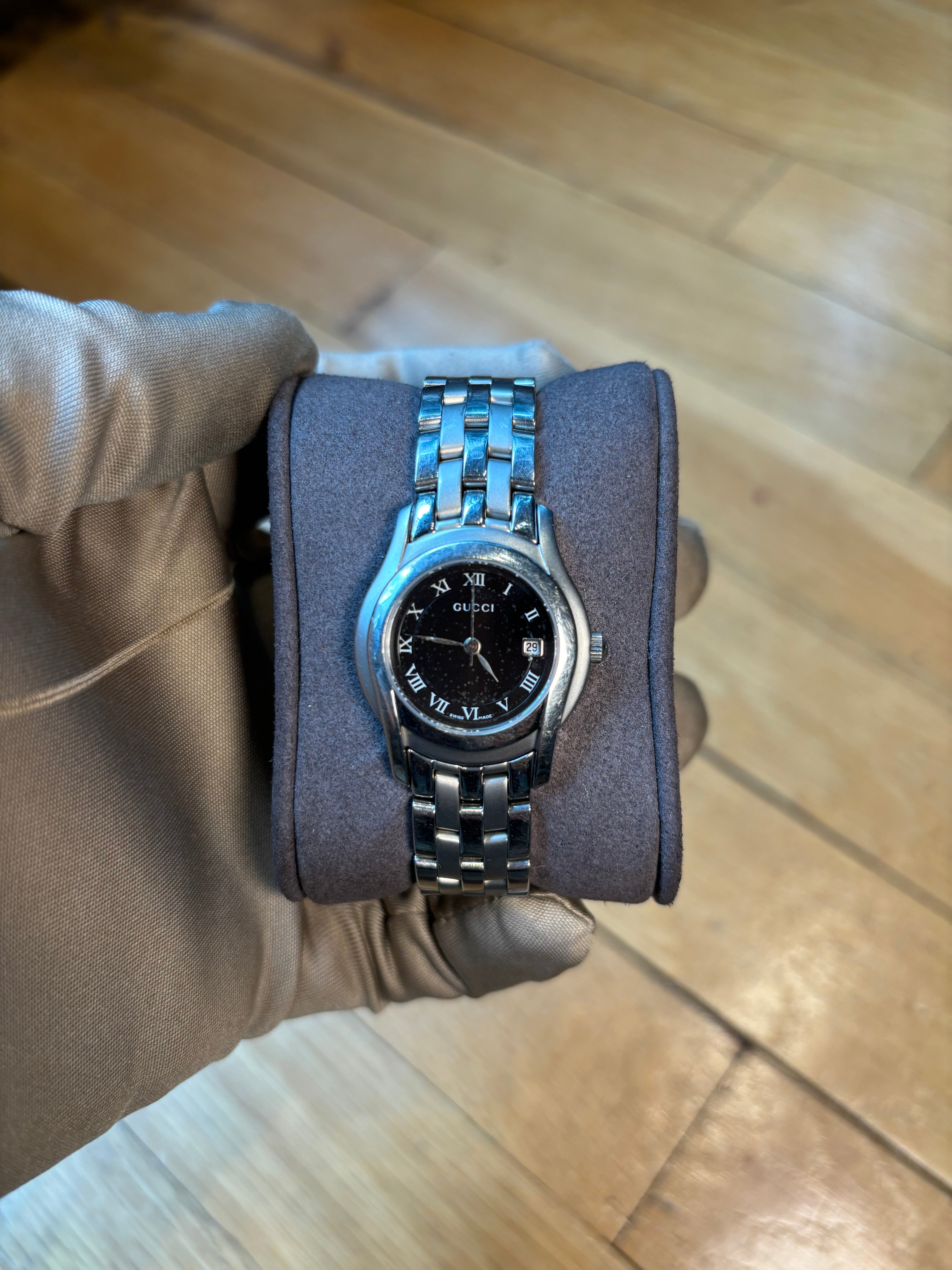 Gucci Stainless Steel Link Black Roman Numeral Dial