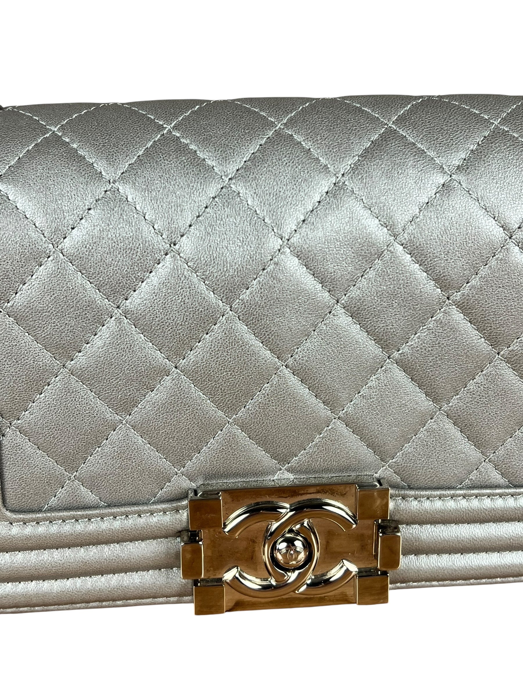 Chanel CC Silver Lambskin Quilted Boy Bag Red Stingray 2012