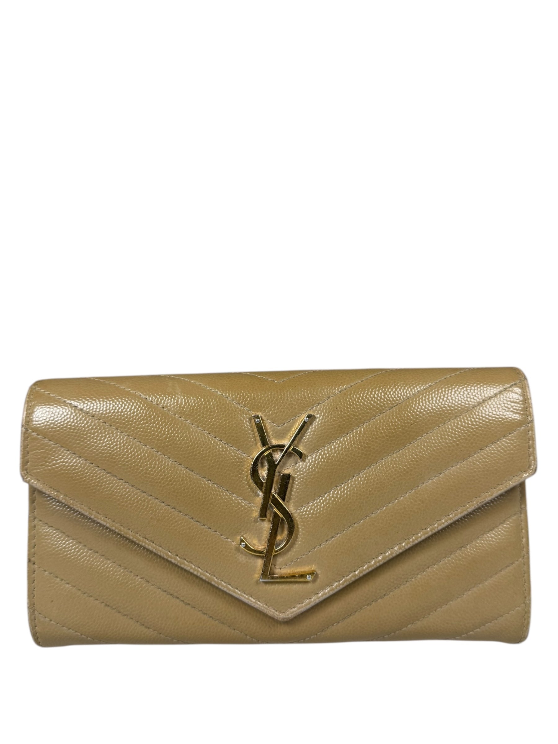 Saint Laurent Beige Grain de Poudre Chevron Long Wallet