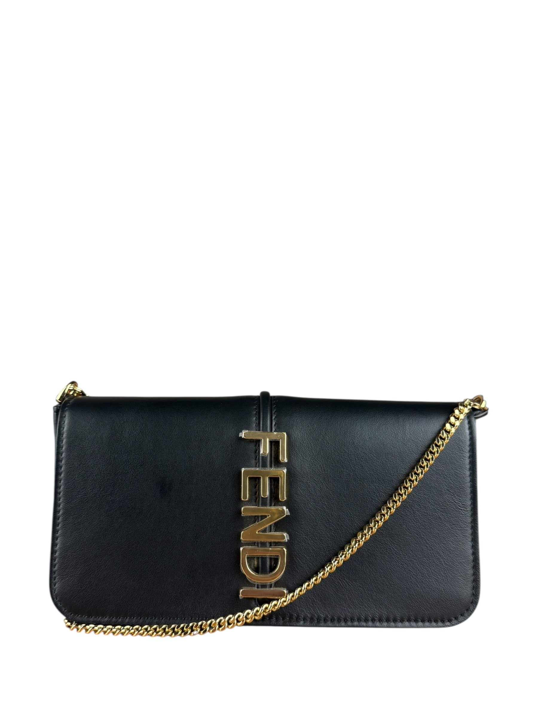 Fendi Fendigraphy Black Leather Wallet on Chain