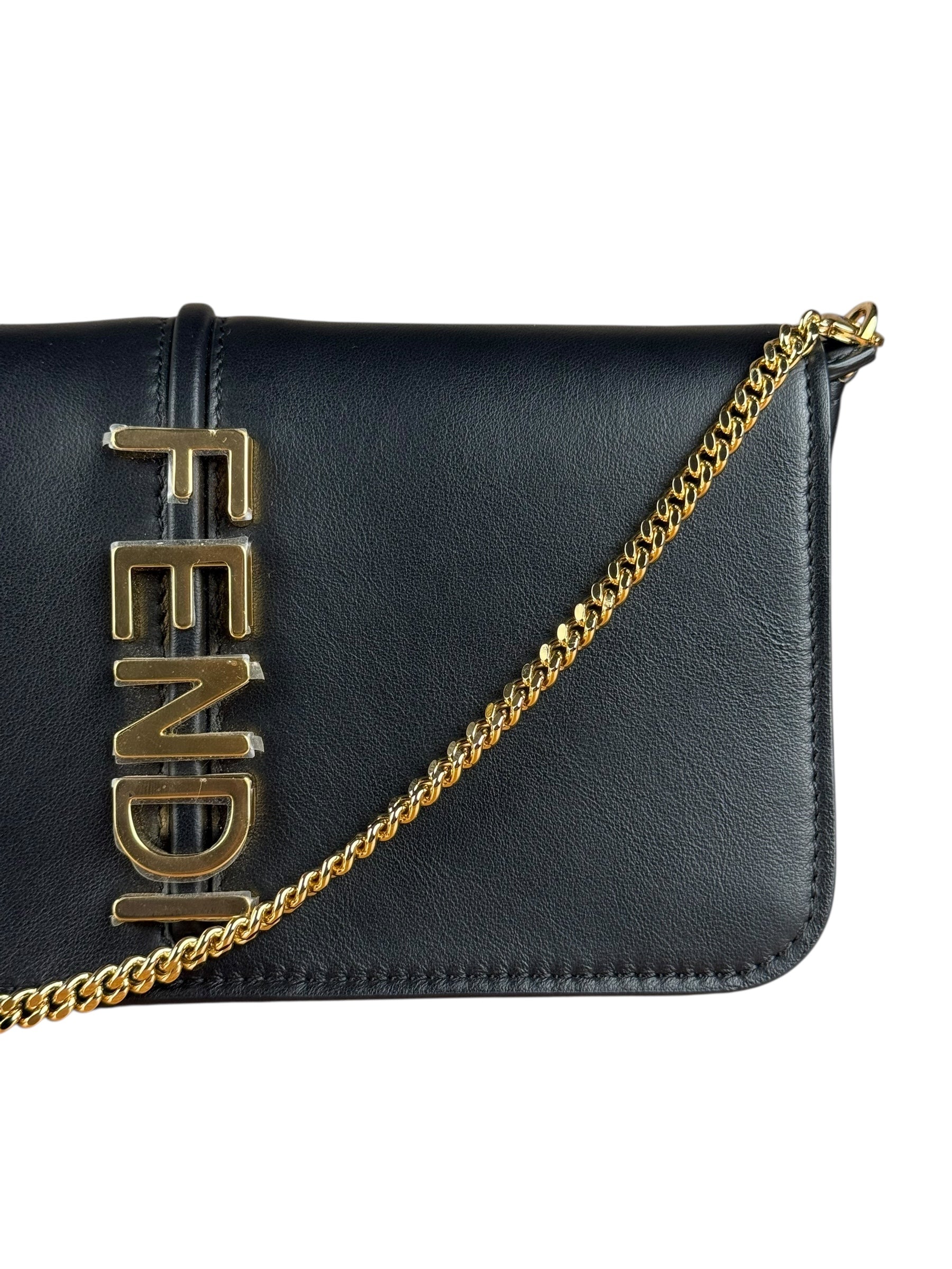 Fendi Fendigraphy Black Leather Wallet on Chain
