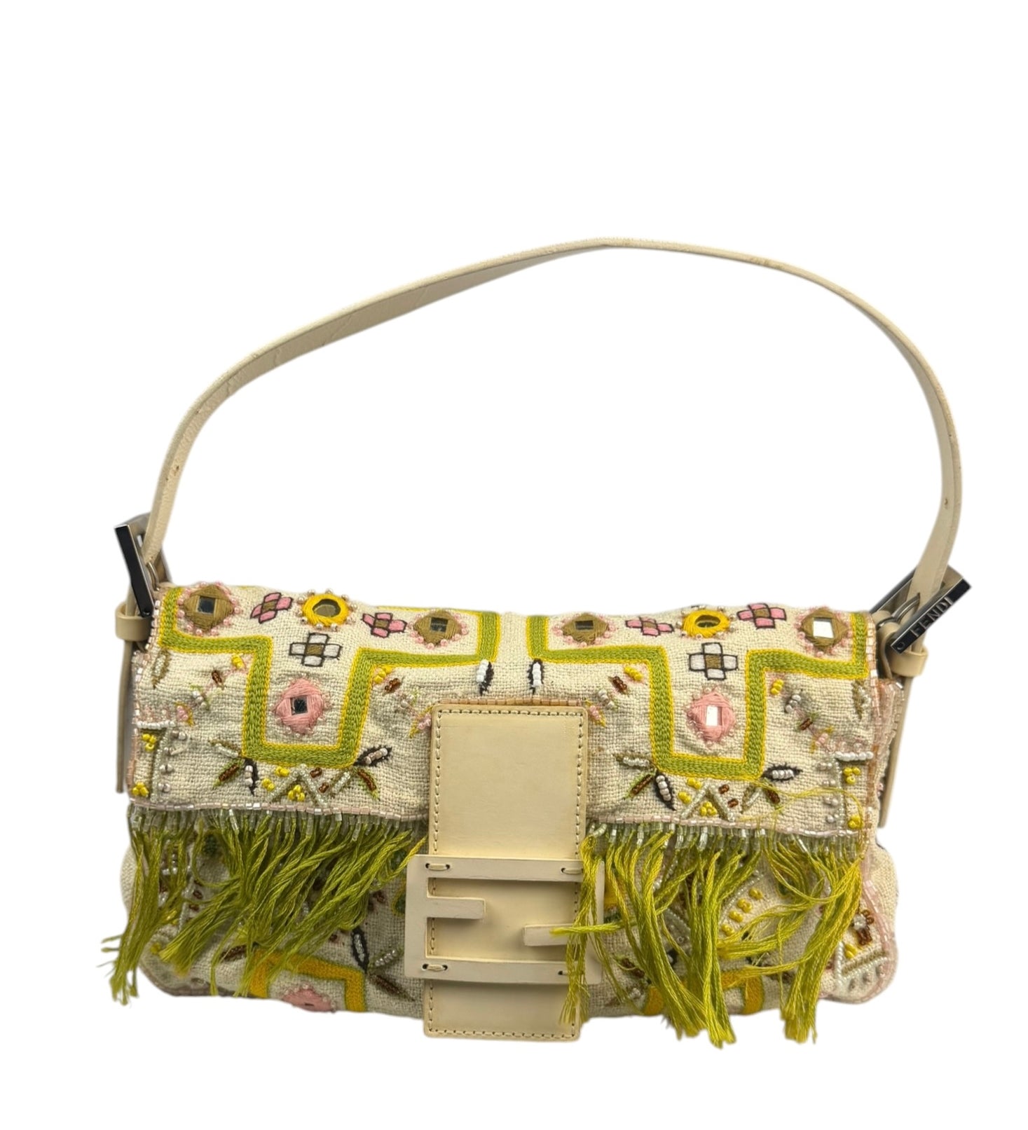 Fendi Cream Leather Trim Beaded Baguette