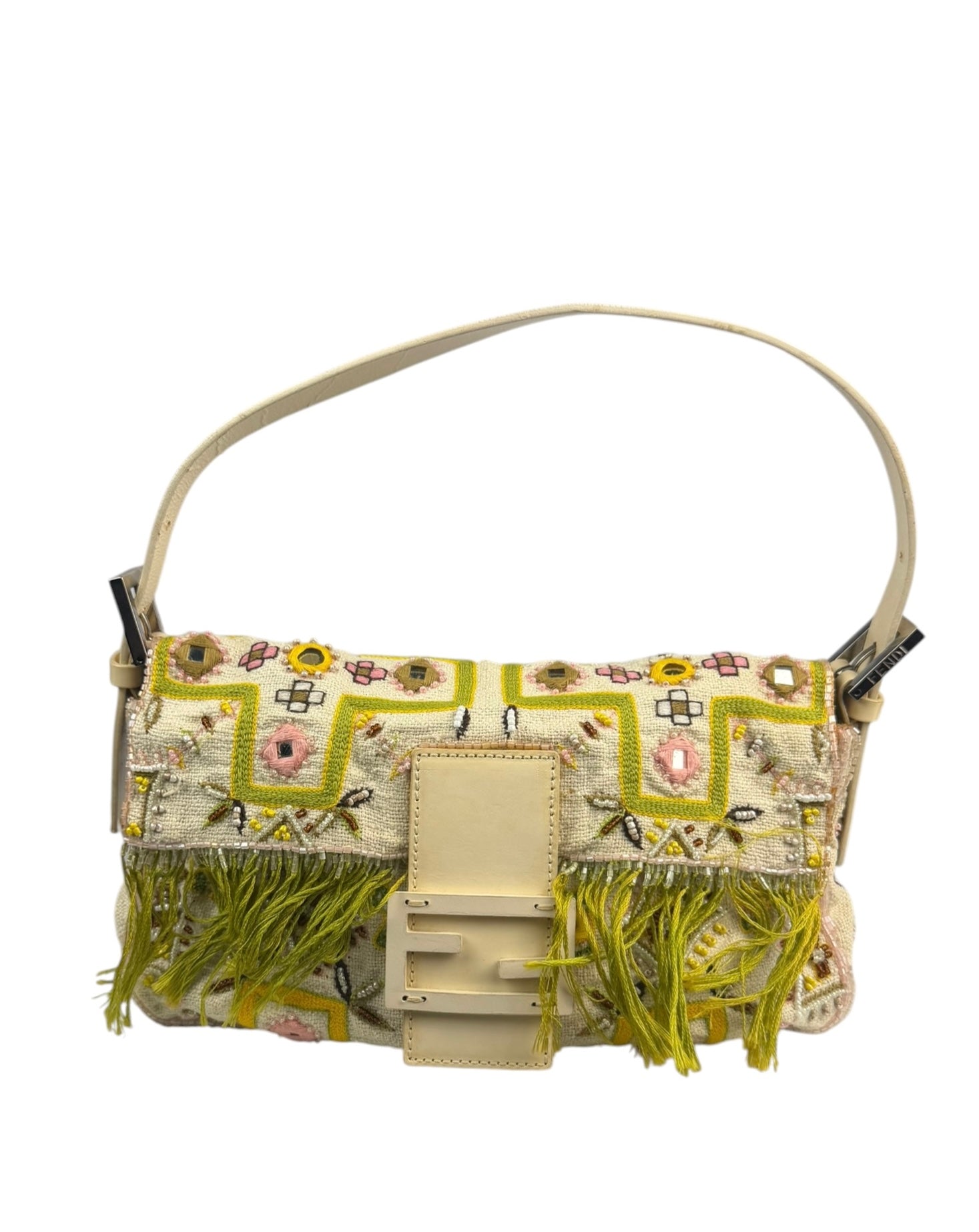 Fendi Cream Leather Trim Beaded Baguette