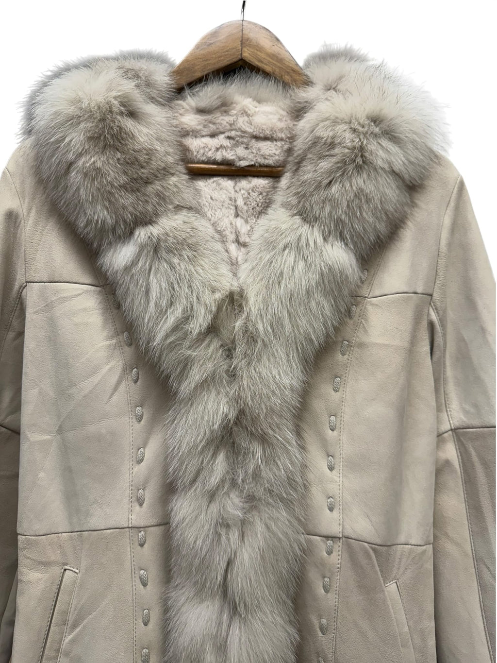 Vintage Bellucci Platinum Beige Suede Rabbit/Blue Fox Fur Long Coat