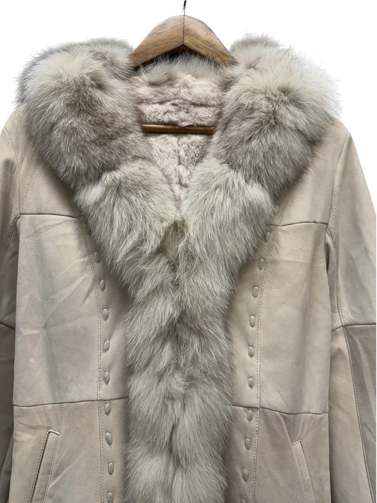 Vintage Bellucci Platinum Beige Suede Rabbit/Blue Fox Fur Long Coat