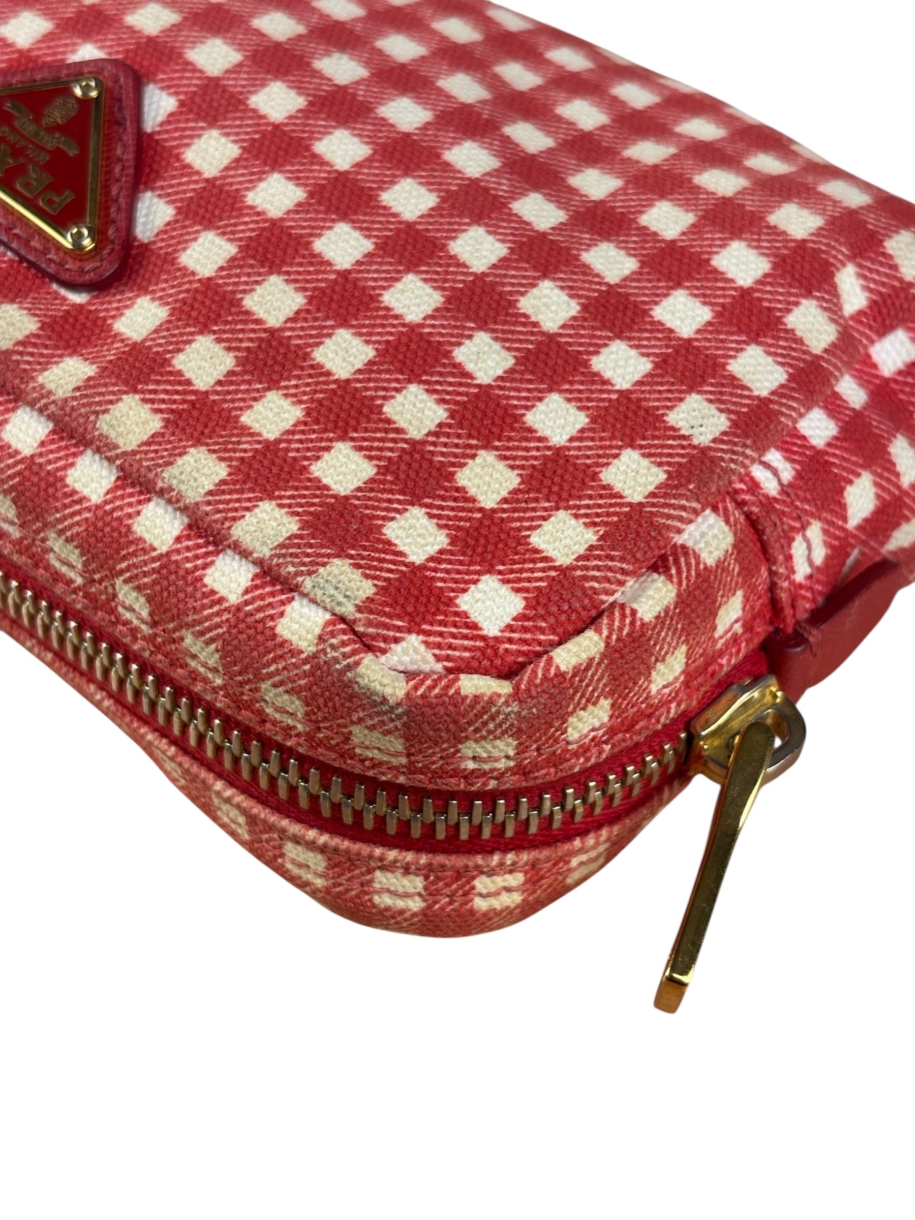 Prada Red Gingham Check Canvas Makeup Bag