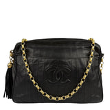 Chanel Vintage Black Leather Mademoiselle Vertical Quilted Shoulder Bag 1990's