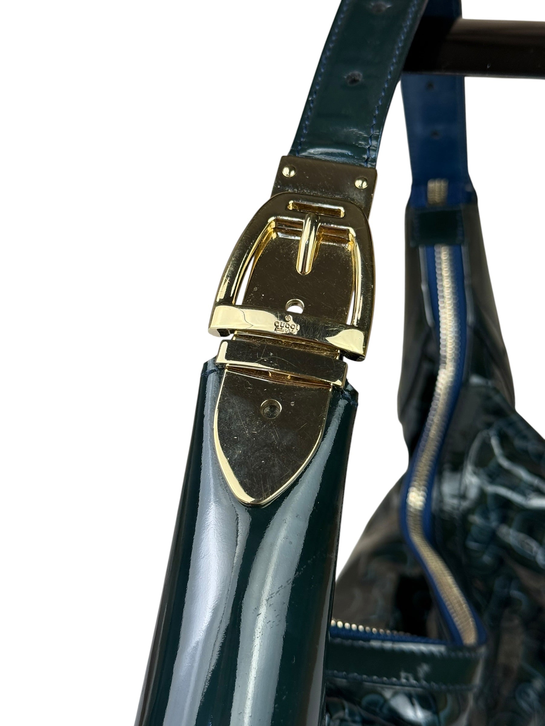 Gucci Vintage Blue/Green Patent Leather Horsebit Glam Hobo Bag