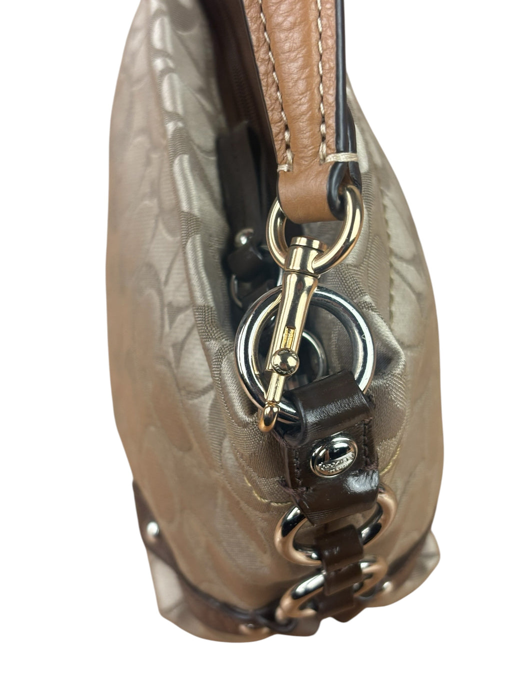Coach Beige/Brown Leather Trim Signature Mini Carly Hobo Bag
