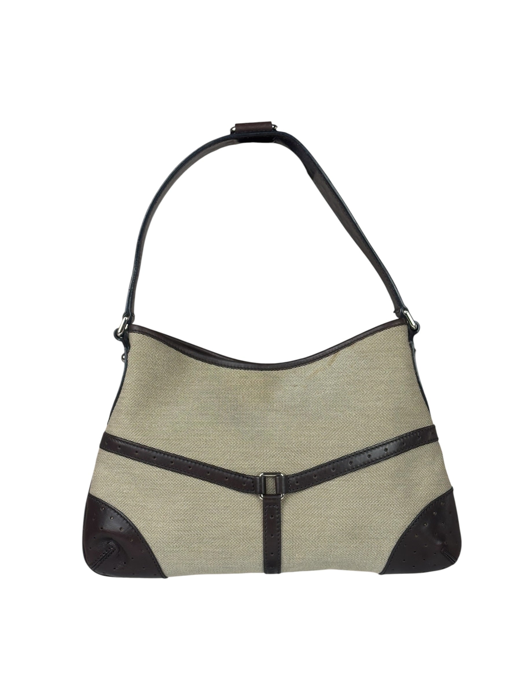 Gucci Brown/Beige Leather Trim Reins Canvas Web Hobo Bag