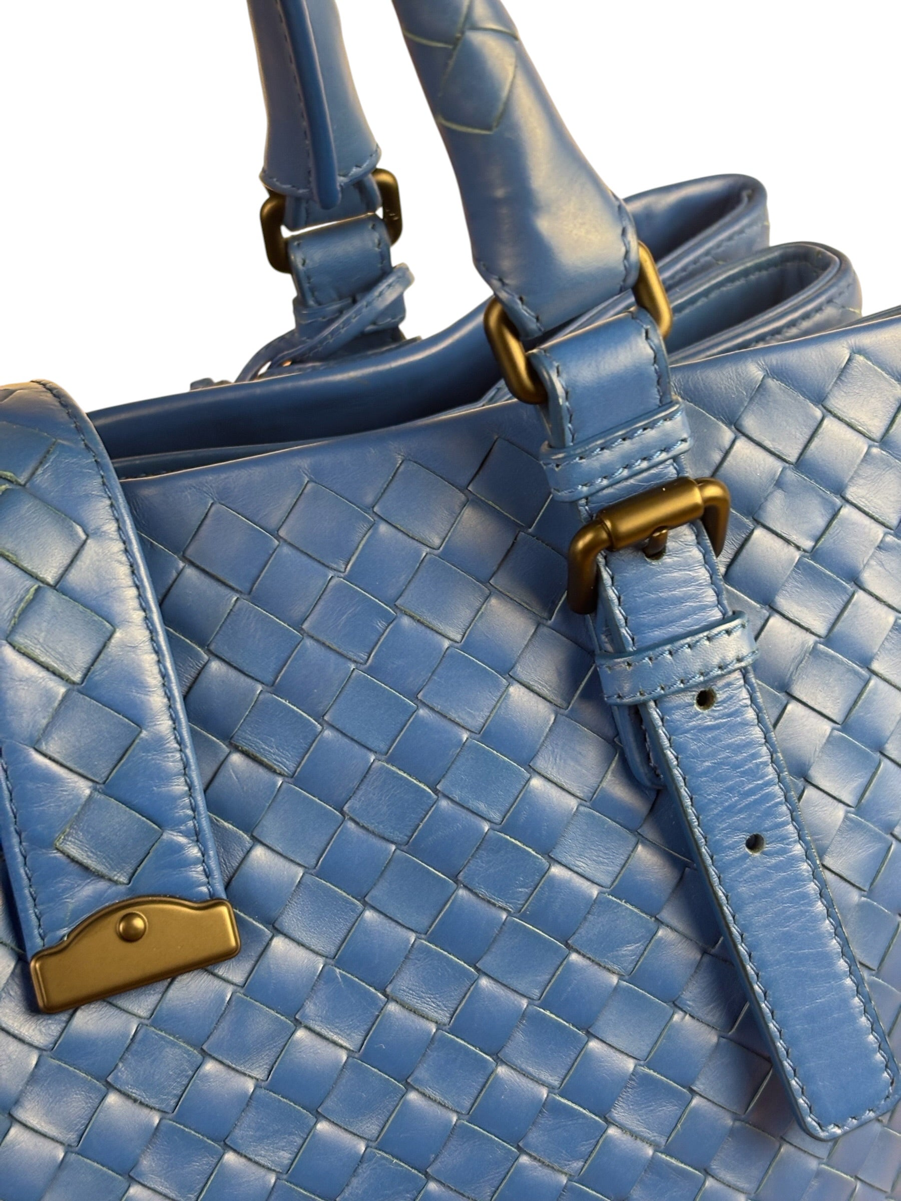 Bottega Veneta Blue Leather Small Nappa Intercciato Roma Satchel