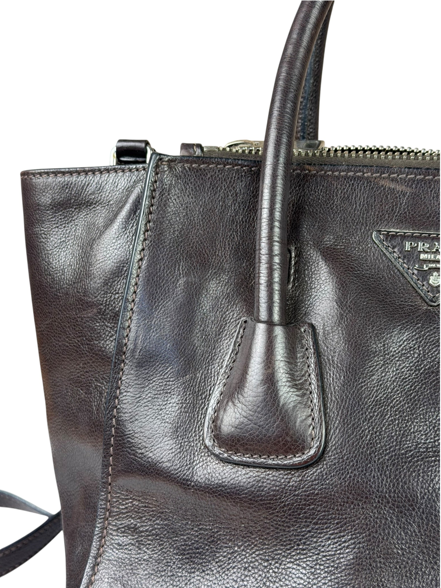 Prada Dark Brown Calf Leather Glace Twin-Pocket Tote
