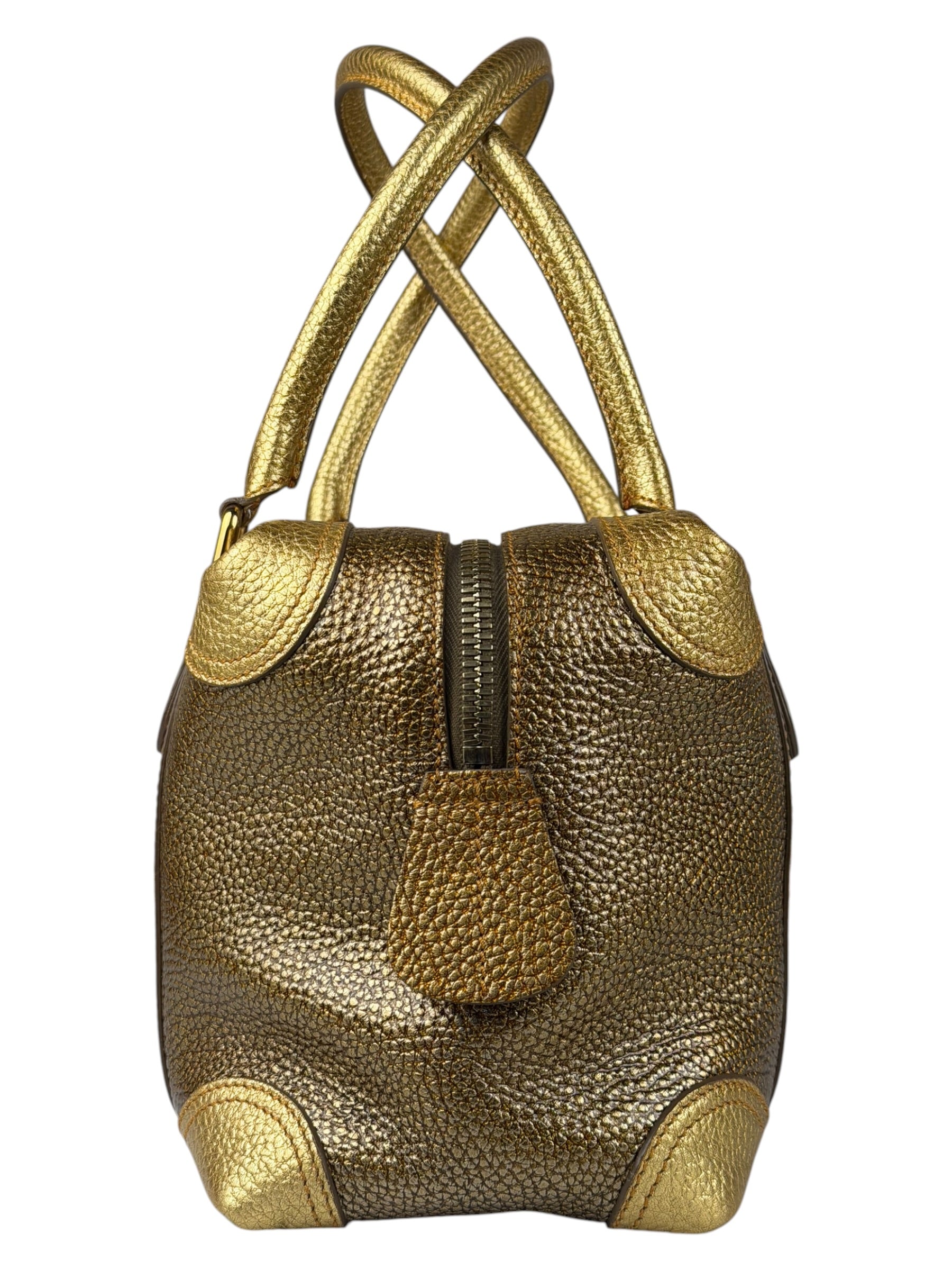 Fendi Metalic Gold Patent Pebbled Leather Media Boston Bag
