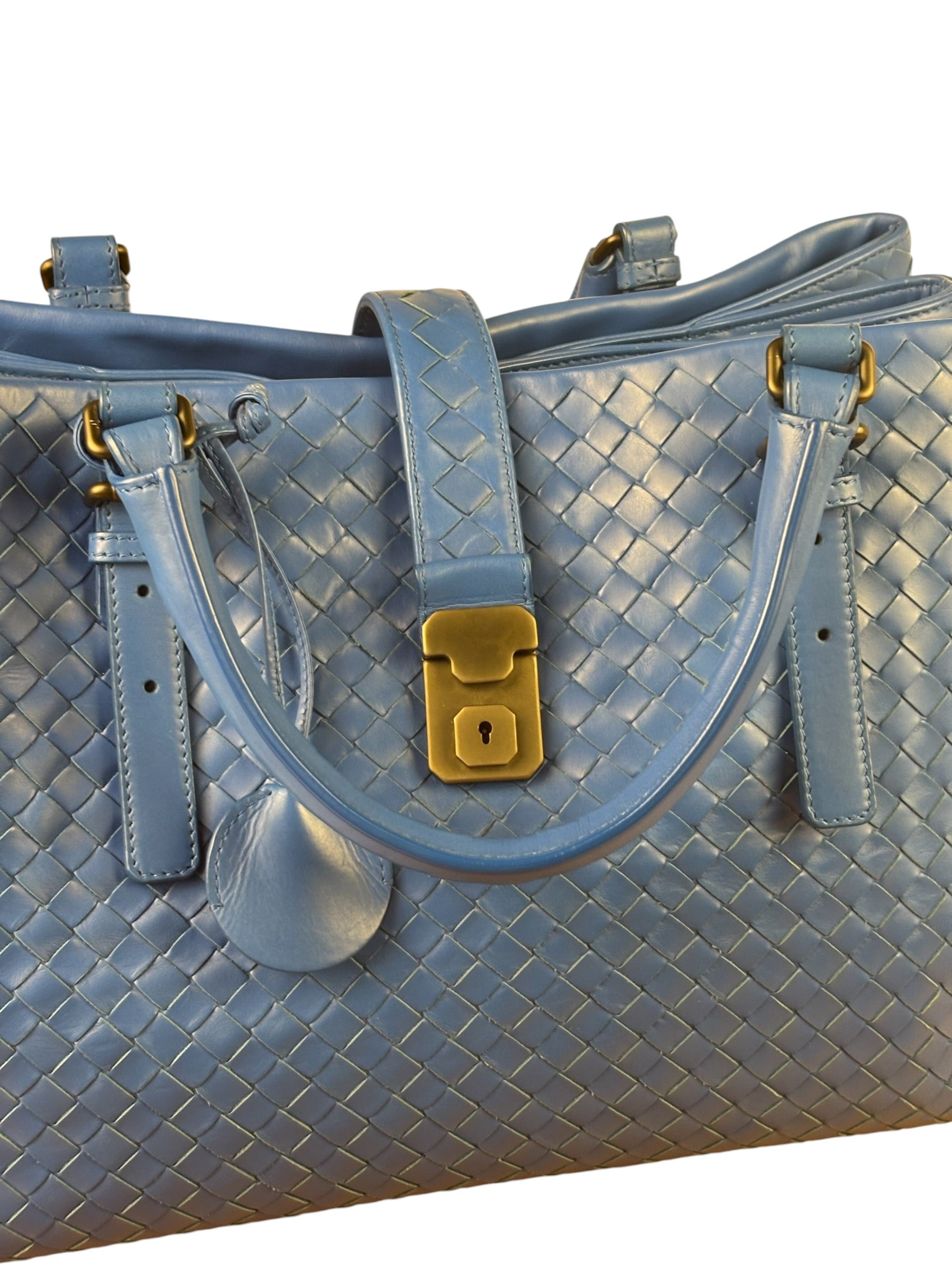 Bottega Veneta Blue Leather Small Nappa Intercciato Roma Satchel