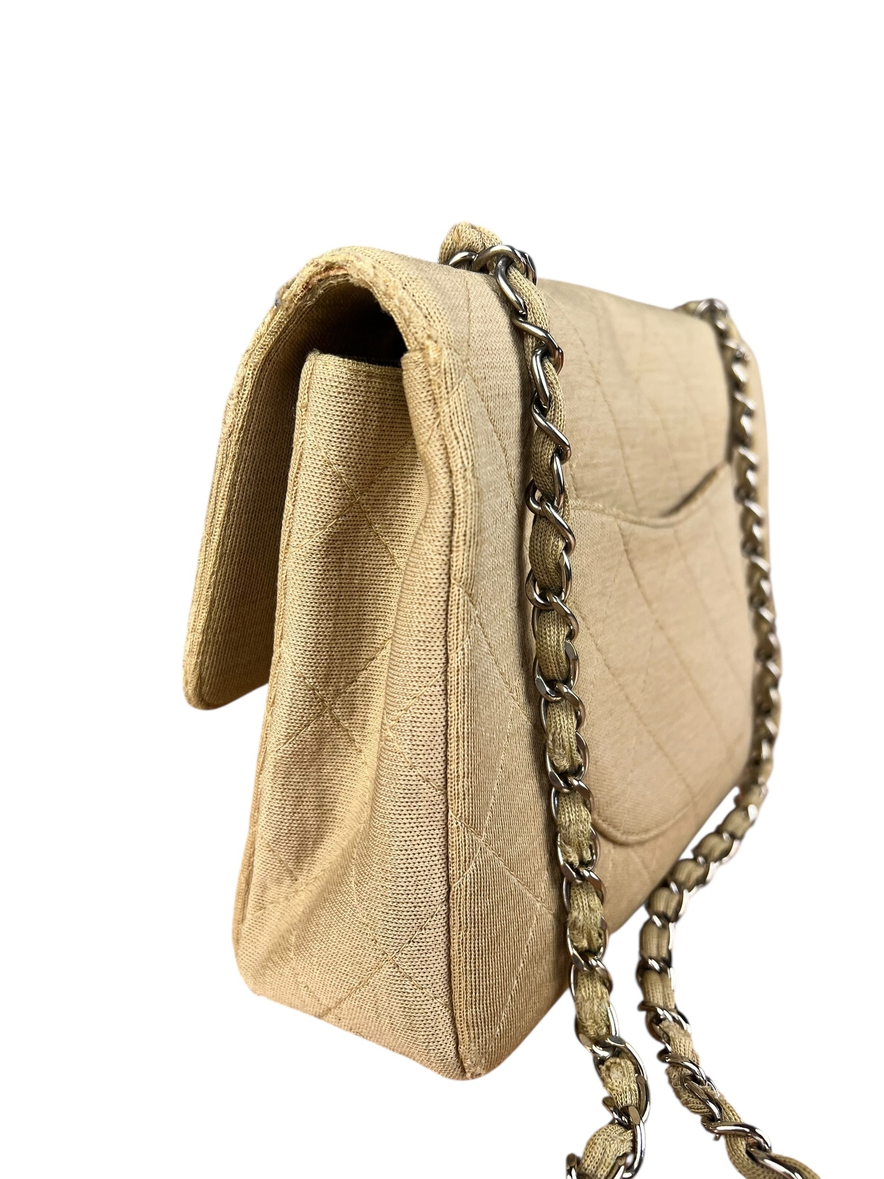 Chanel Vintage Beige Jersey Quilted Classic Flap Bag