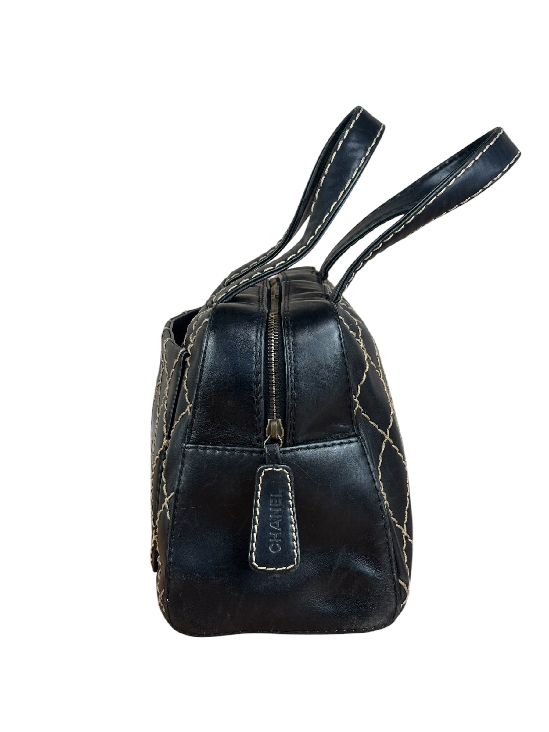 Chanel Vintage Black Leather Wild Stitch Bowler Shoulder Bag 2001