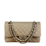 Chanel Beige Jersey Leather Trim Classic Double Flap Bag 2005