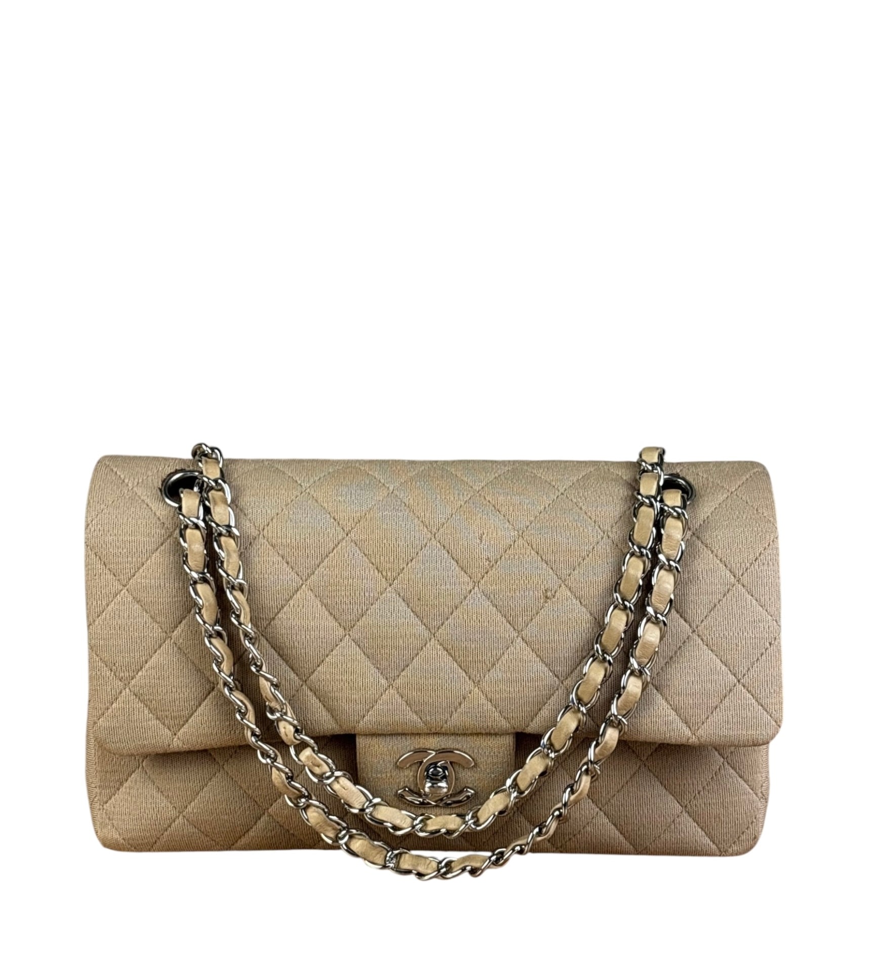 Chanel Beige Jersey Leather Trim Classic Double Flap Bag 2005