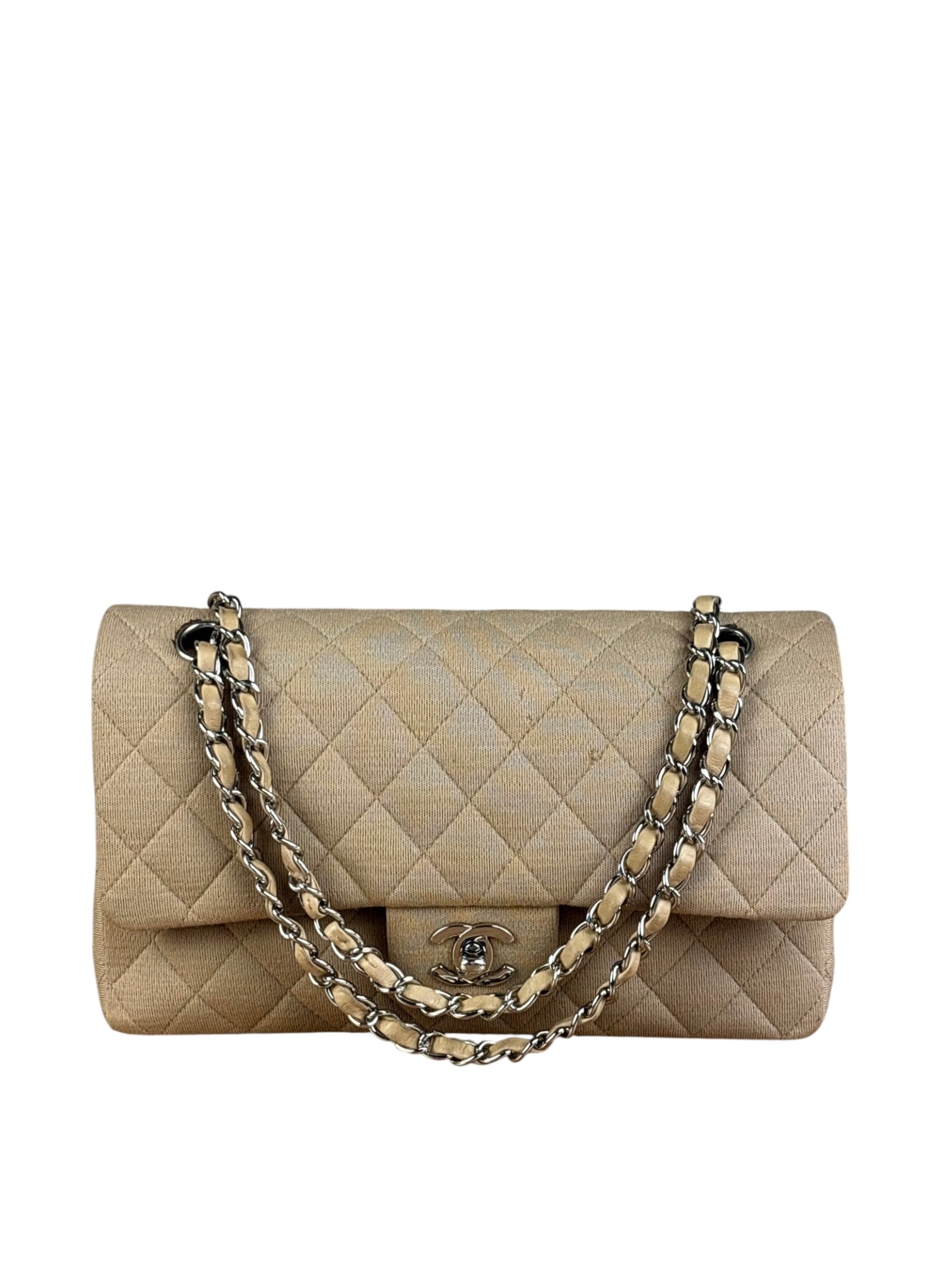 Chanel Beige Jersey Leather Trim Classic Double Flap Bag 2005