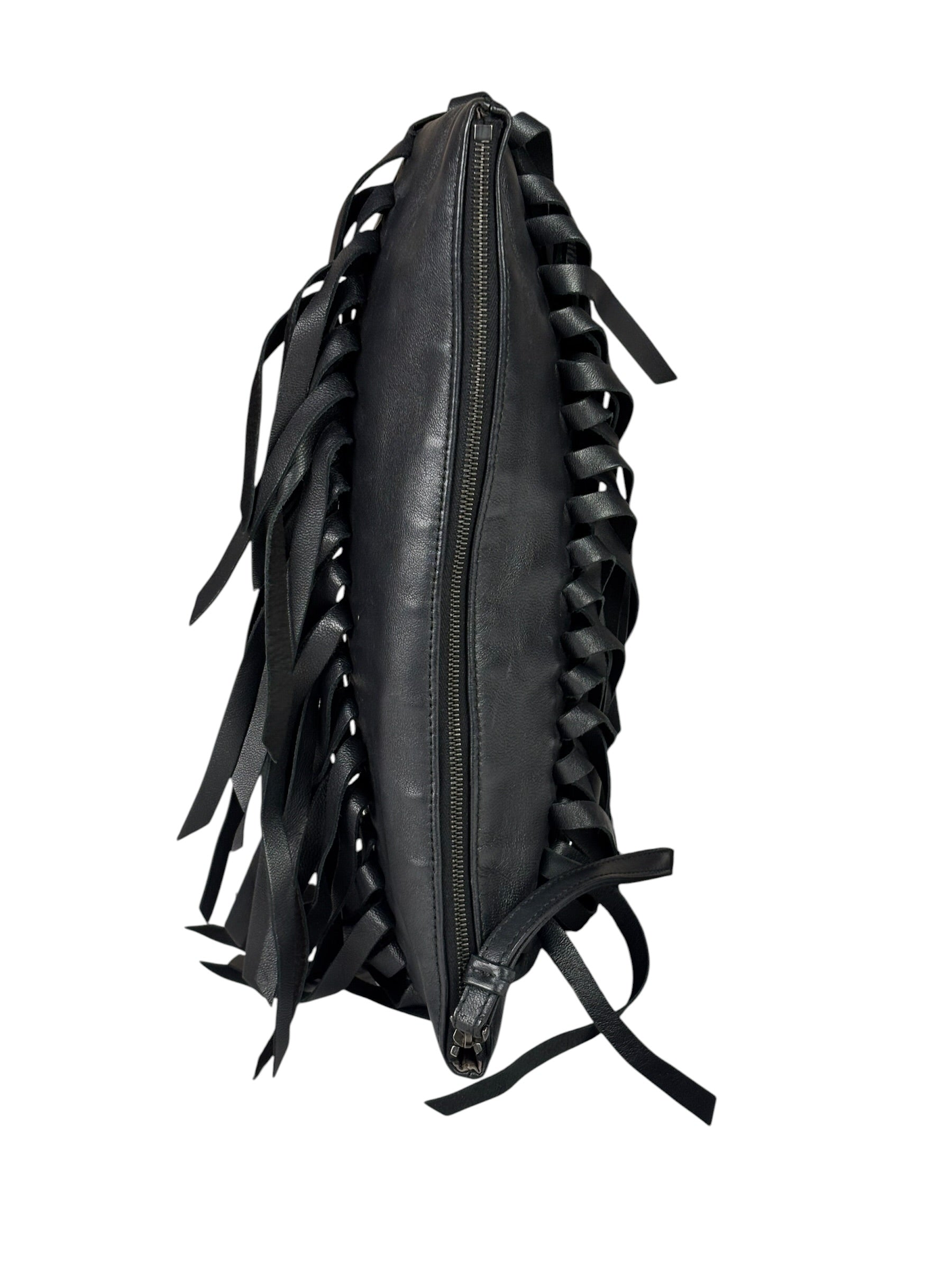 Bottega Veneta Black Leather Intercciato Woven Fringe Wristlet