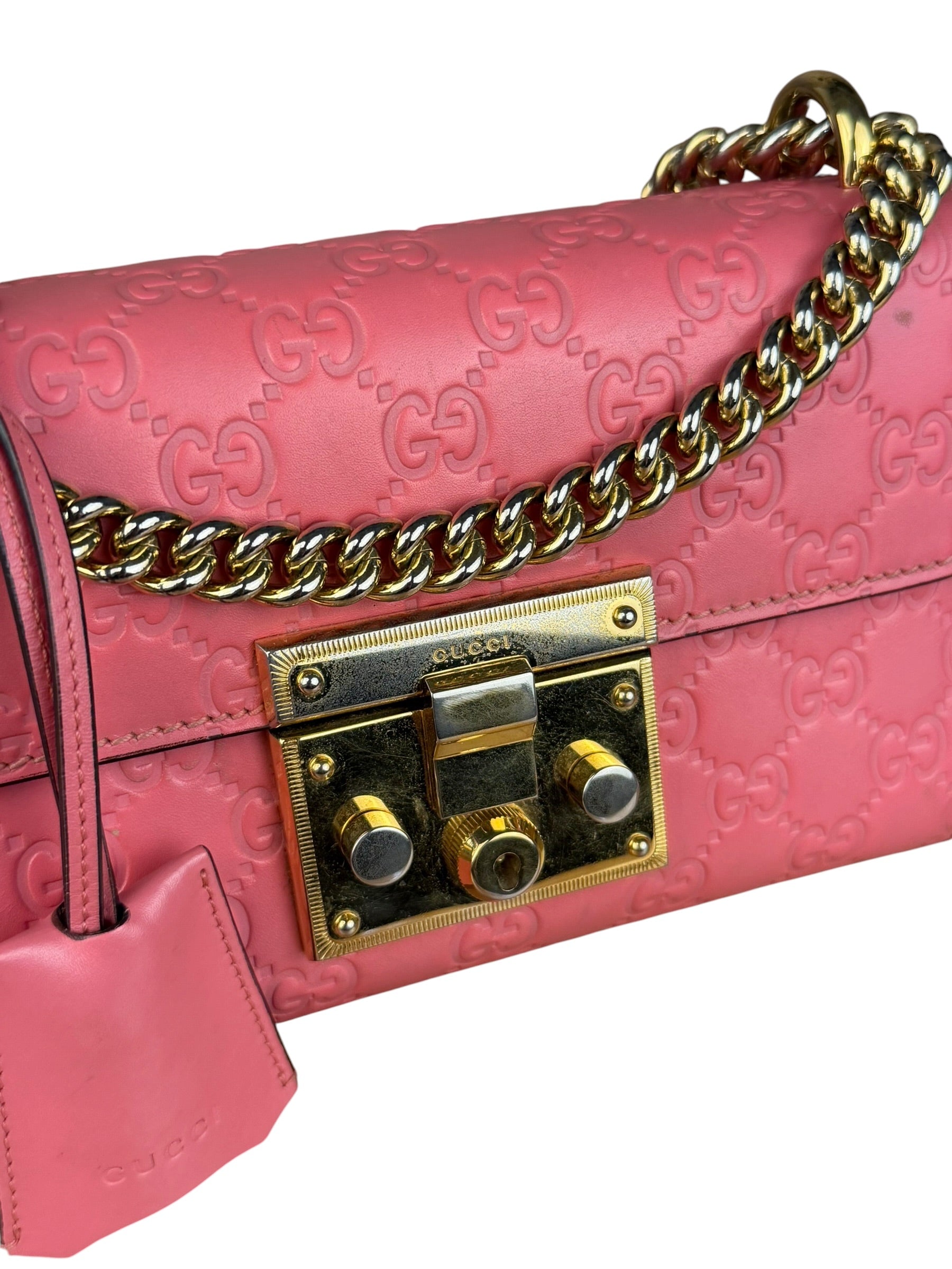 Gucci GG Pink Embossed Leather Small Padlock Chain Bag