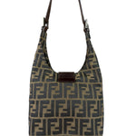 Fendi Brown Leather Trim Zucca Hobo Baguette