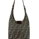 Fendi Brown Leather Trim Zucca Hobo Baguette