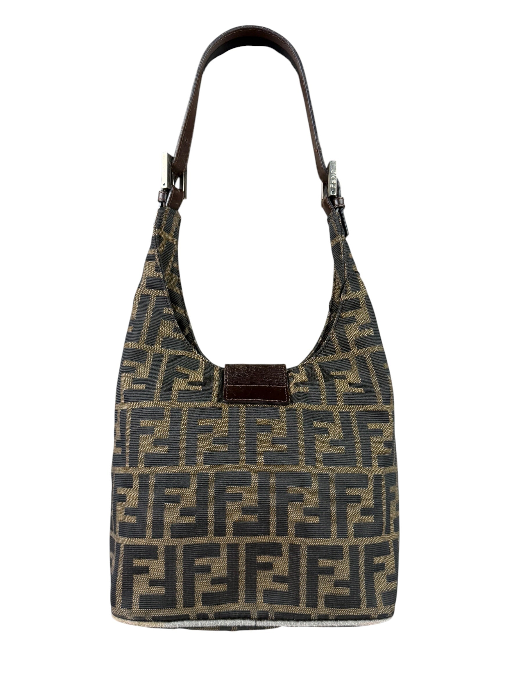 Fendi Brown Leather Trim Zucca Hobo Baguette