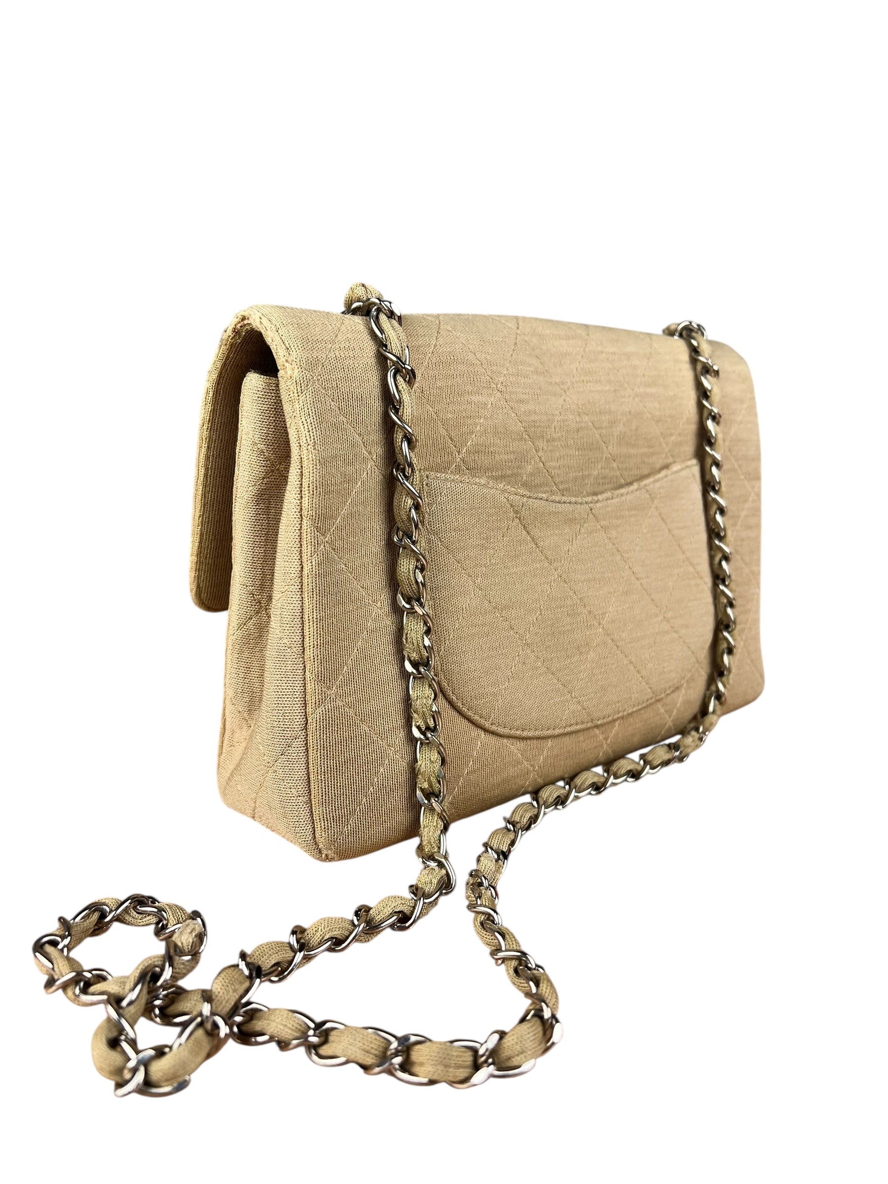 Chanel Vintage Beige Jersey Quilted Classic Flap Bag