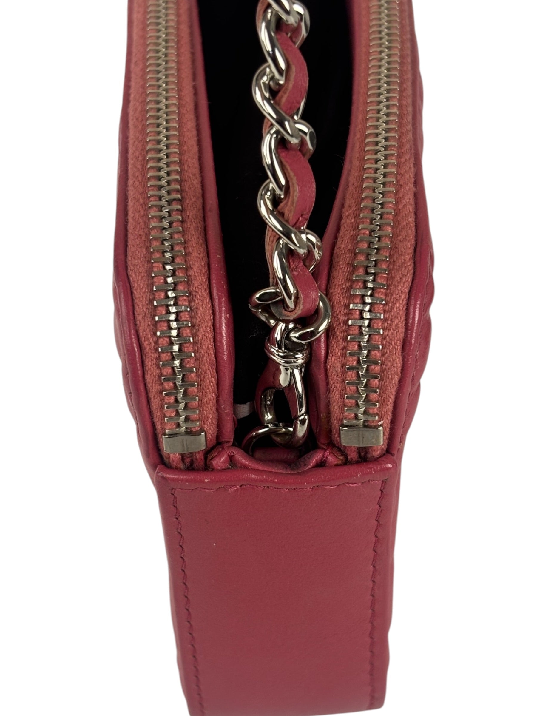 Chanel Pink Floral Embossed Leather Double Zip Chain Clutch Bag 2017