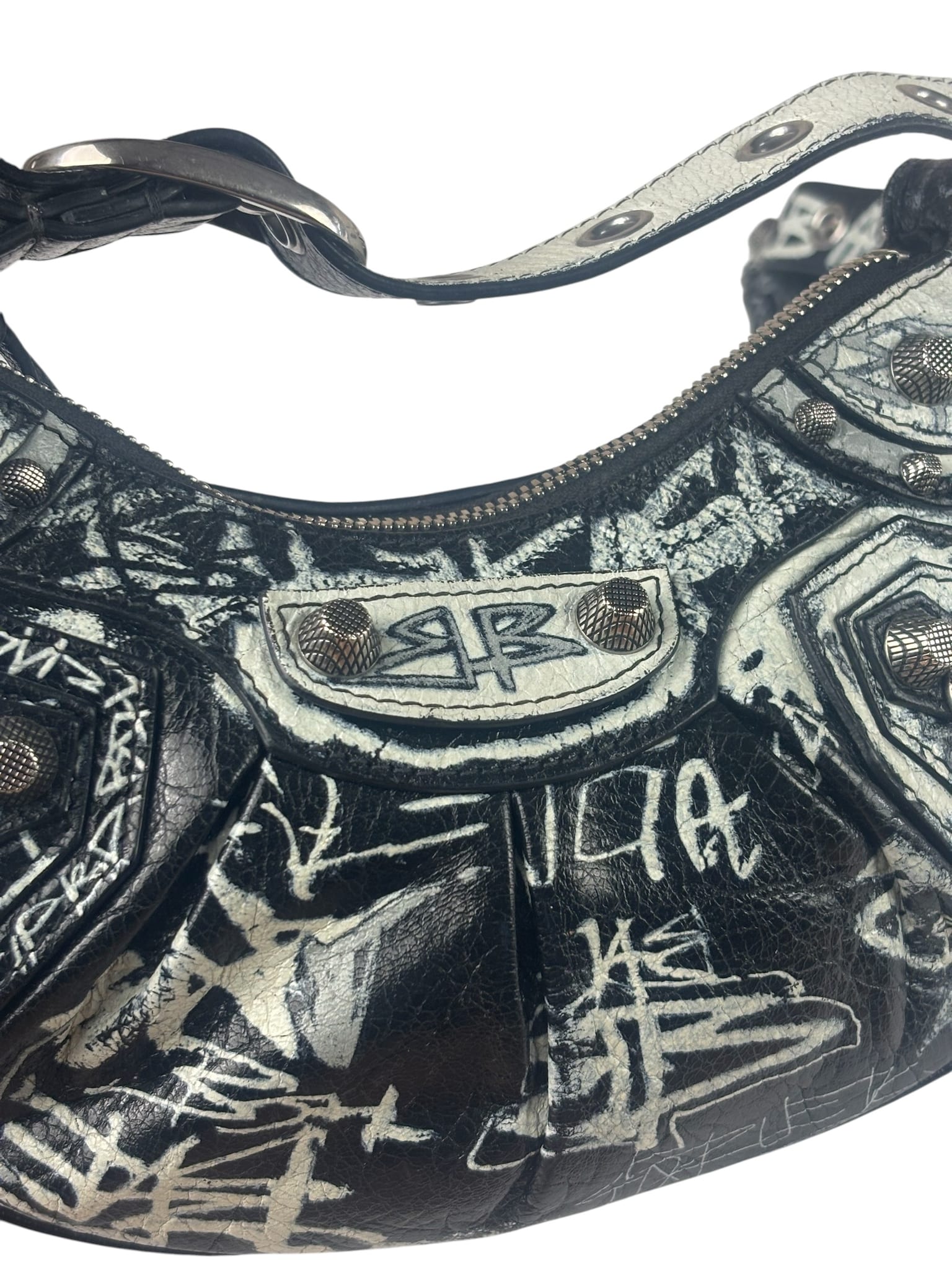 Balenciaga Black/White Leather Le Cagole Graffiti Shoulder Bag