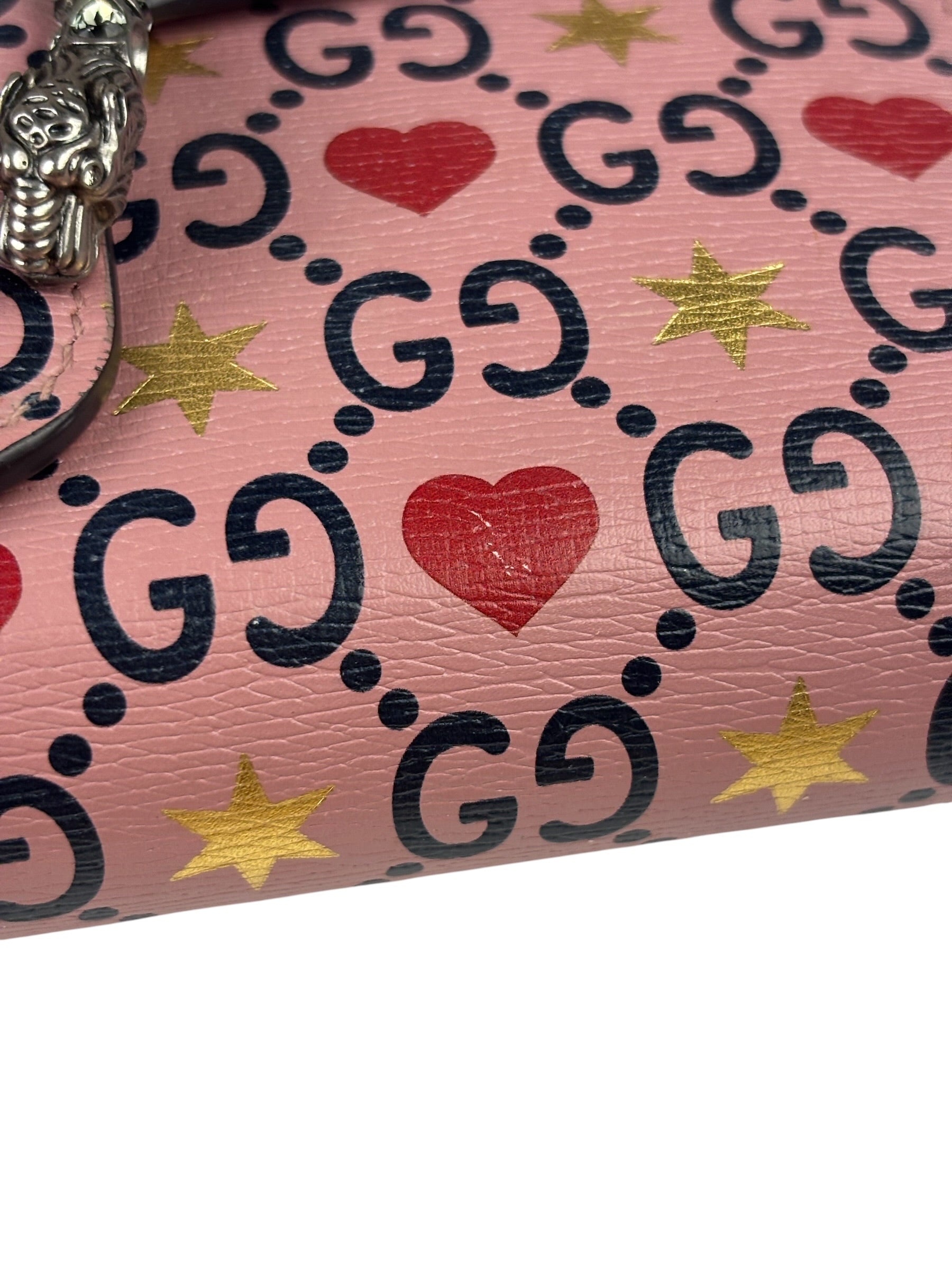 Gucci Pink Leather Dionysus GGCrystal Valentines Small Wallet On Chain