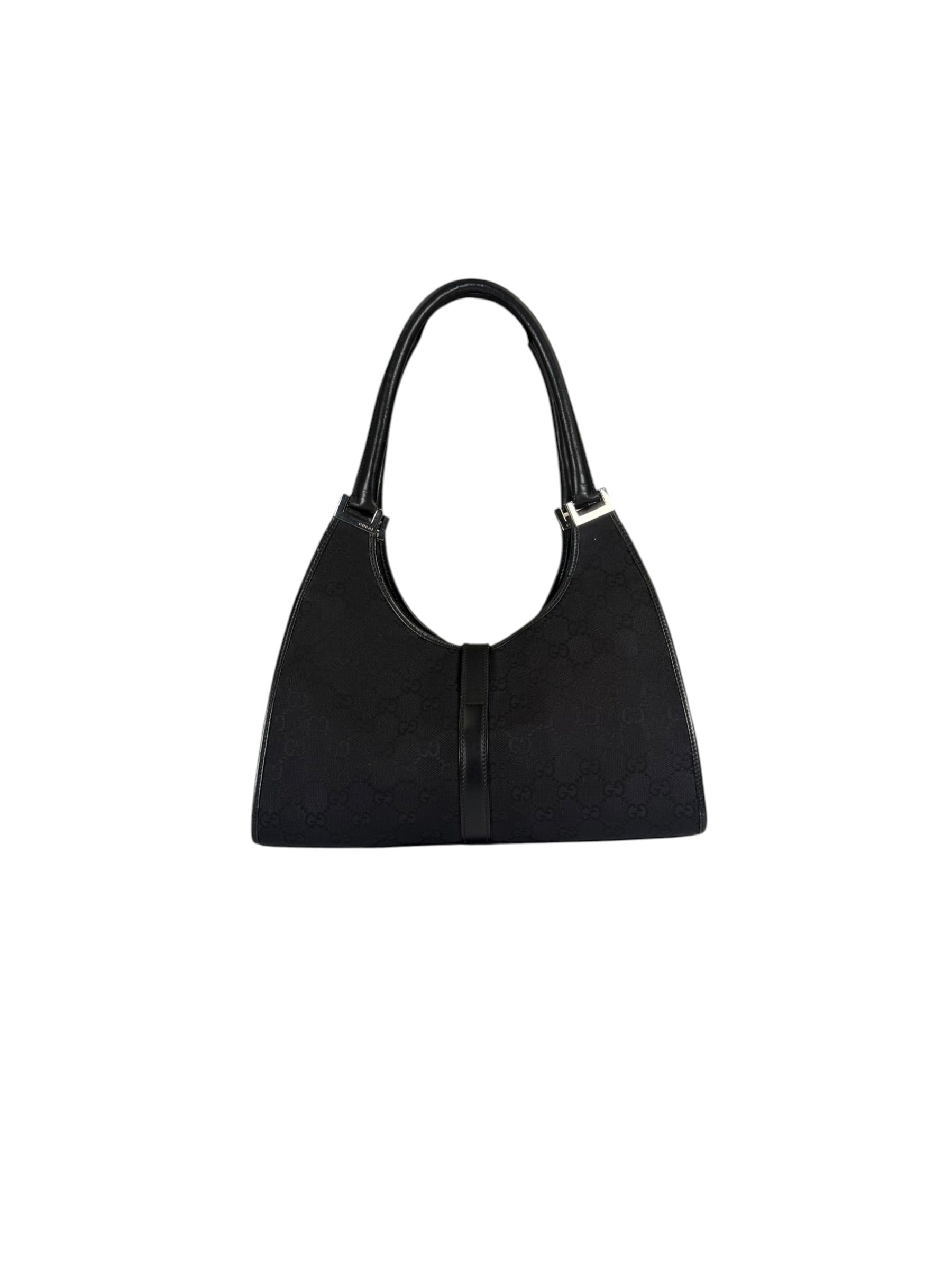 Gucci Black Leather Trim GG Bardot Jackie Medium Hobo Bag