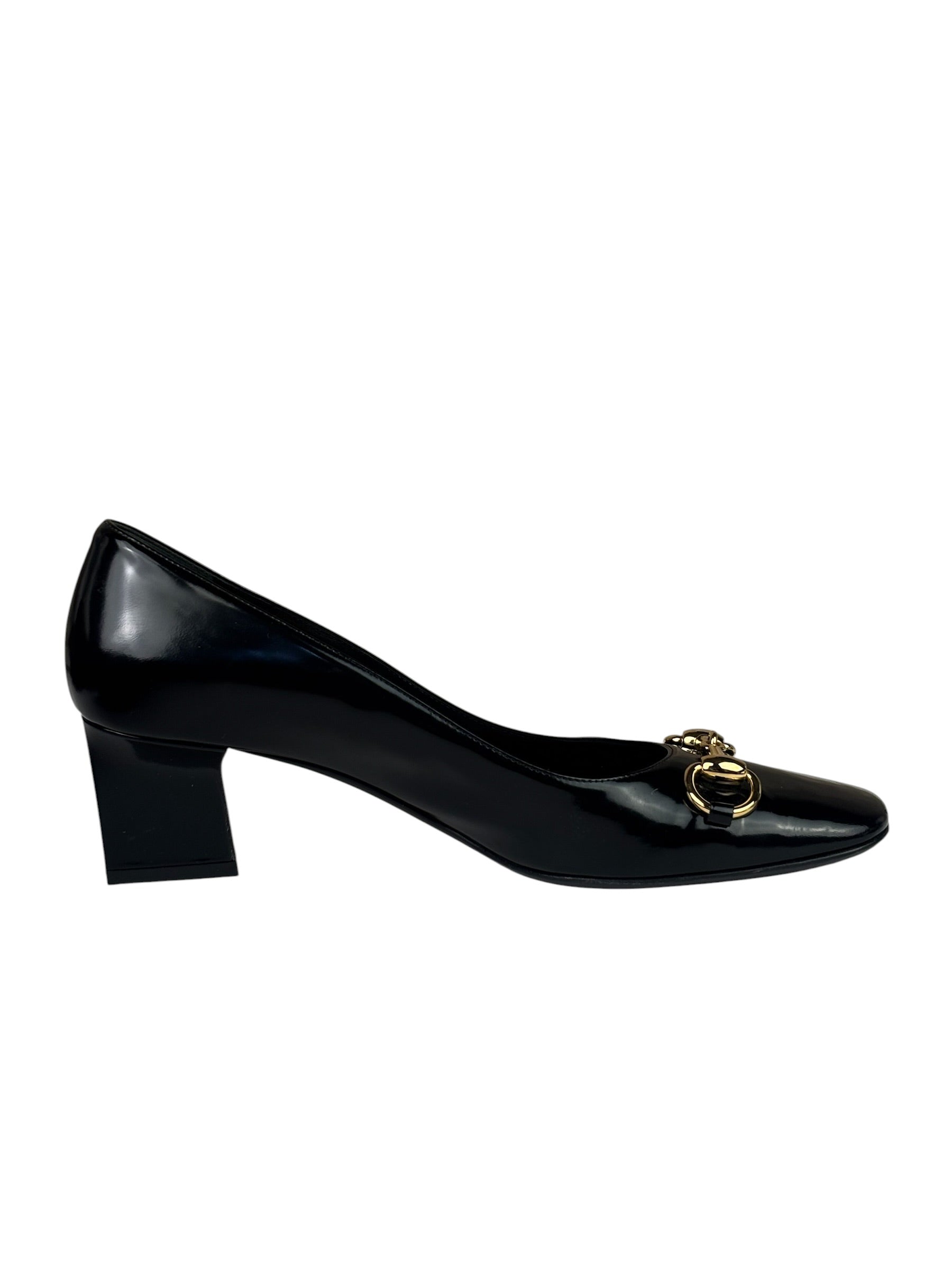 Gucci Women's Gold Horsebit Signora Black Leather Pumps