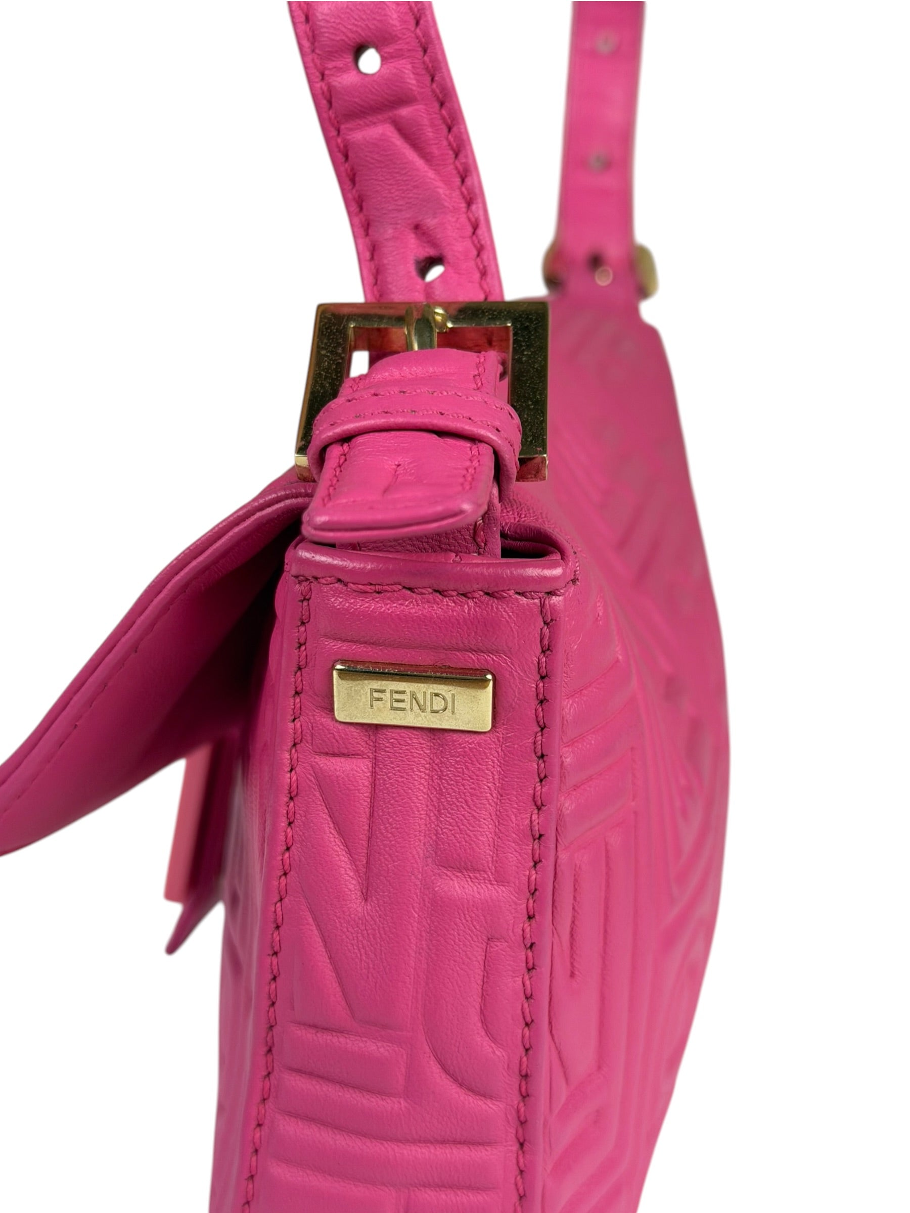 Fendi Pink Leather Logo Embossed Baguette