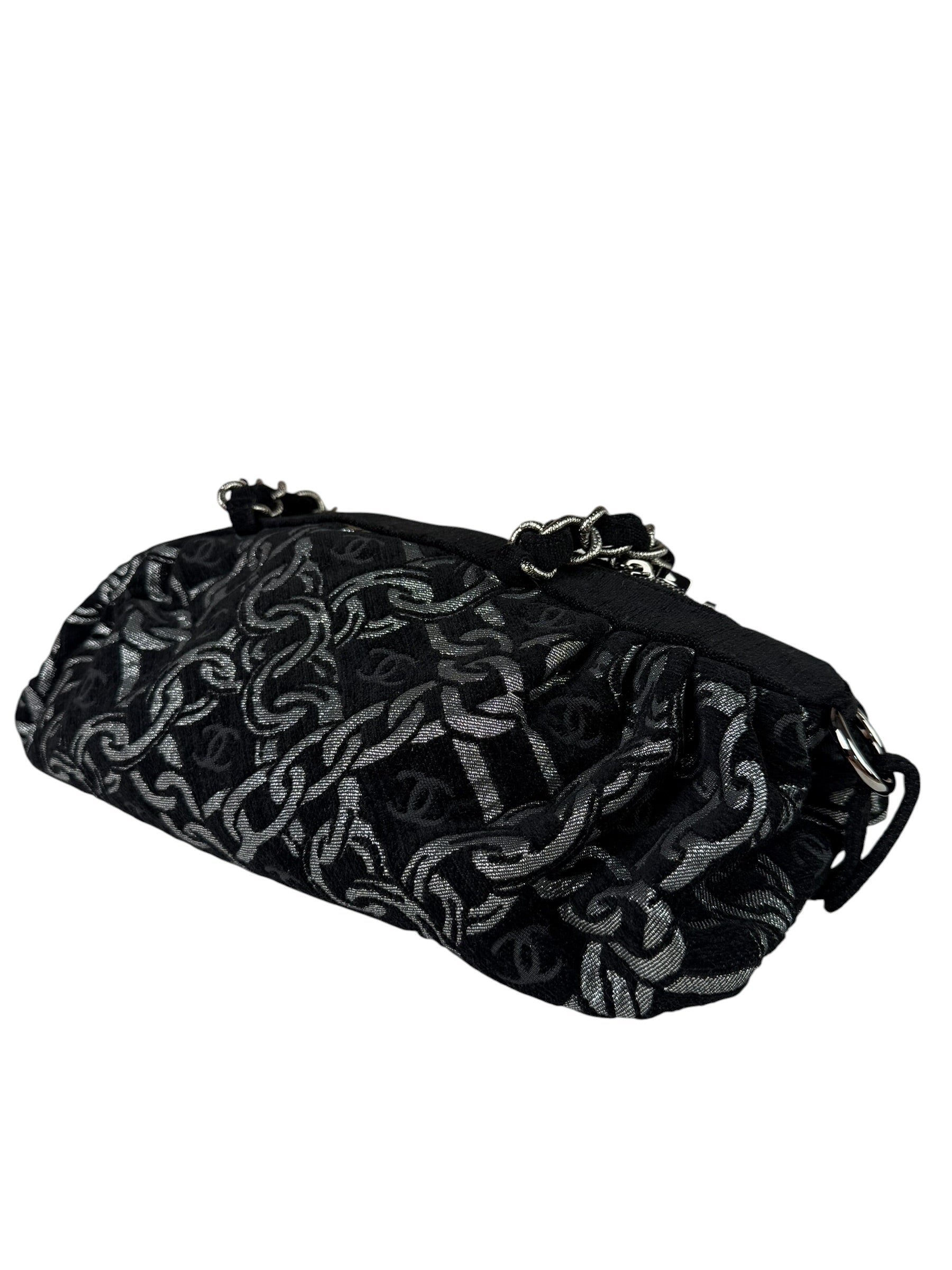 Chanel Black CC Jacquard Chain Silver Metallic Bowler Handbag 2005