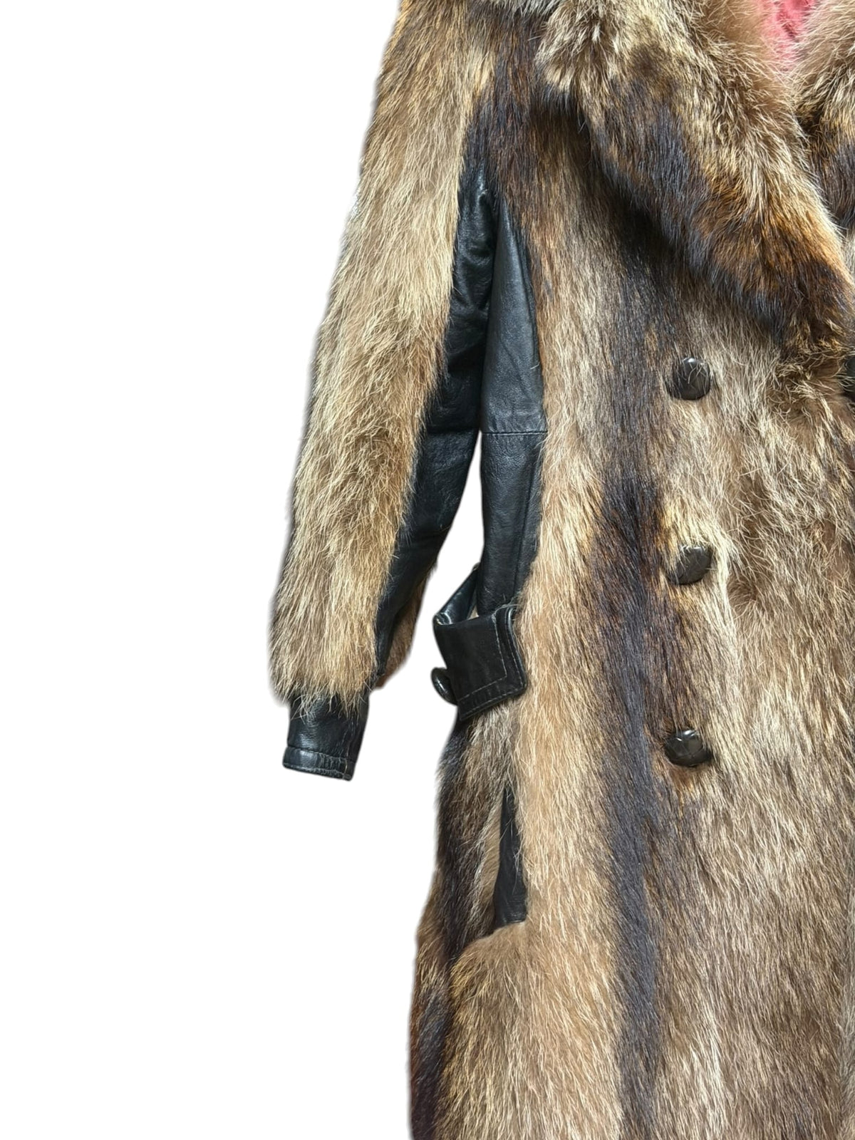 Vintage Brown Raccoon Fur Black Leather Peacoat