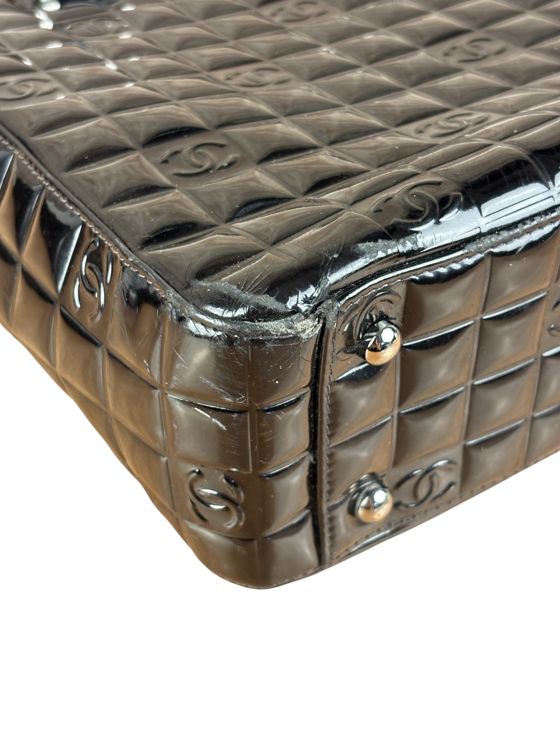 Chanel Vintage Black Patent Leather Chocolate Bar Pyramidal Tote Bag 2002
