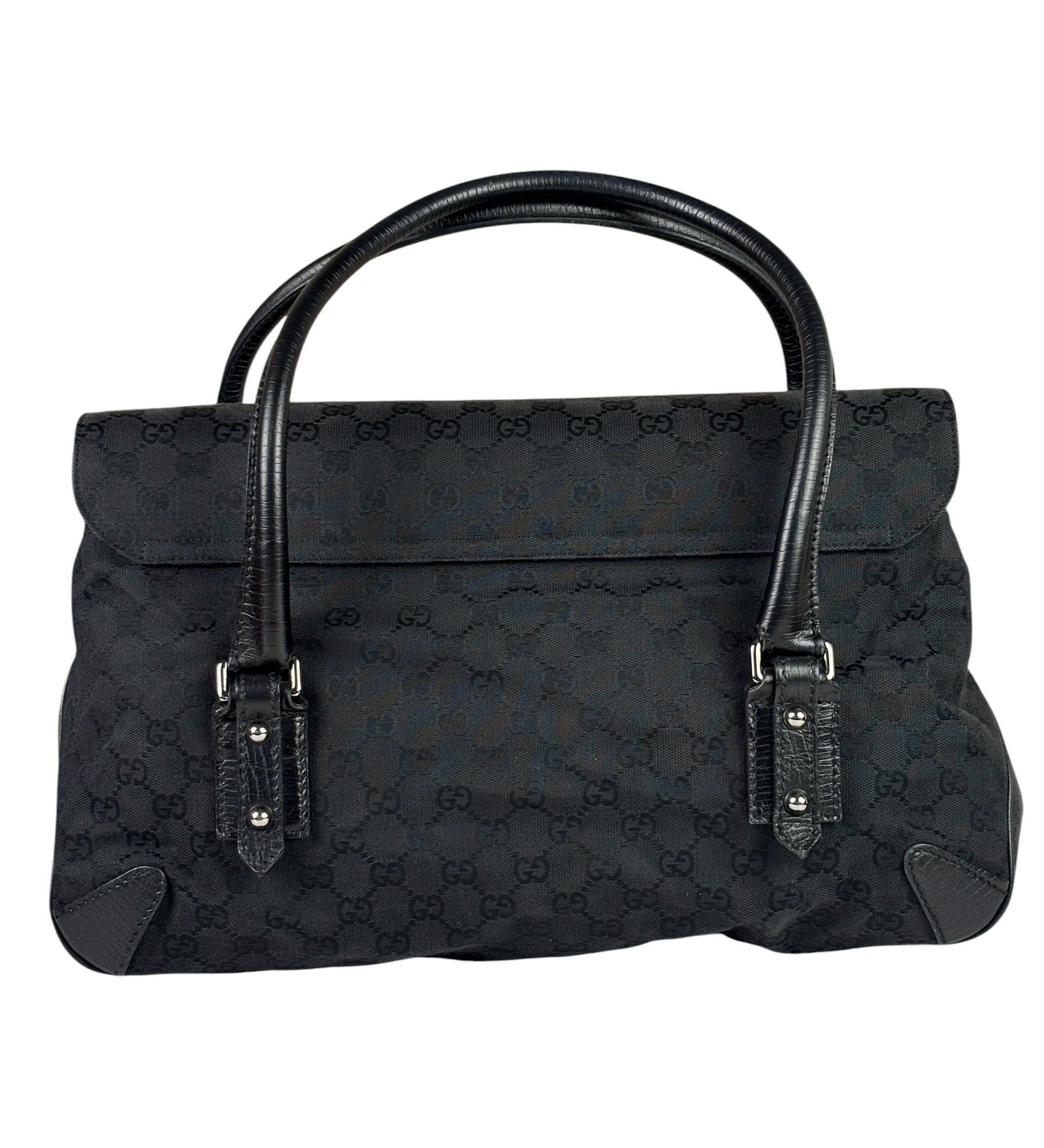 Gucci Black Leather Trim GG Horsebit Shoulder Bag