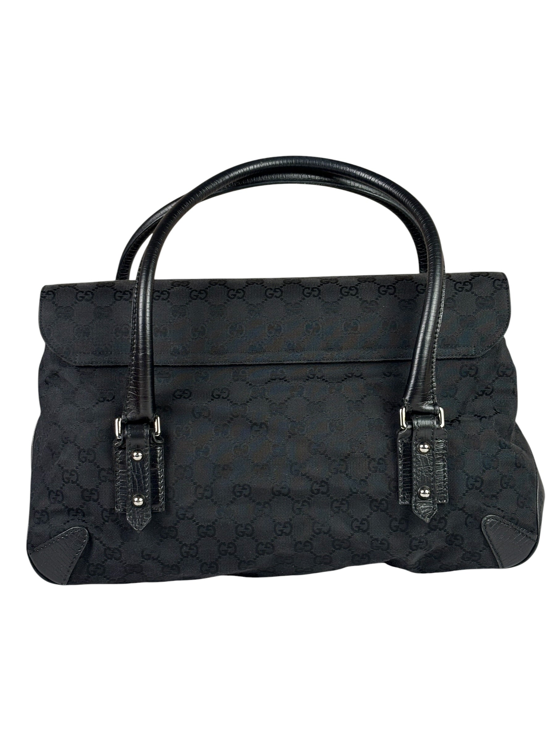 Gucci Black Leather Trim GG Horsebit Shoulder Bag