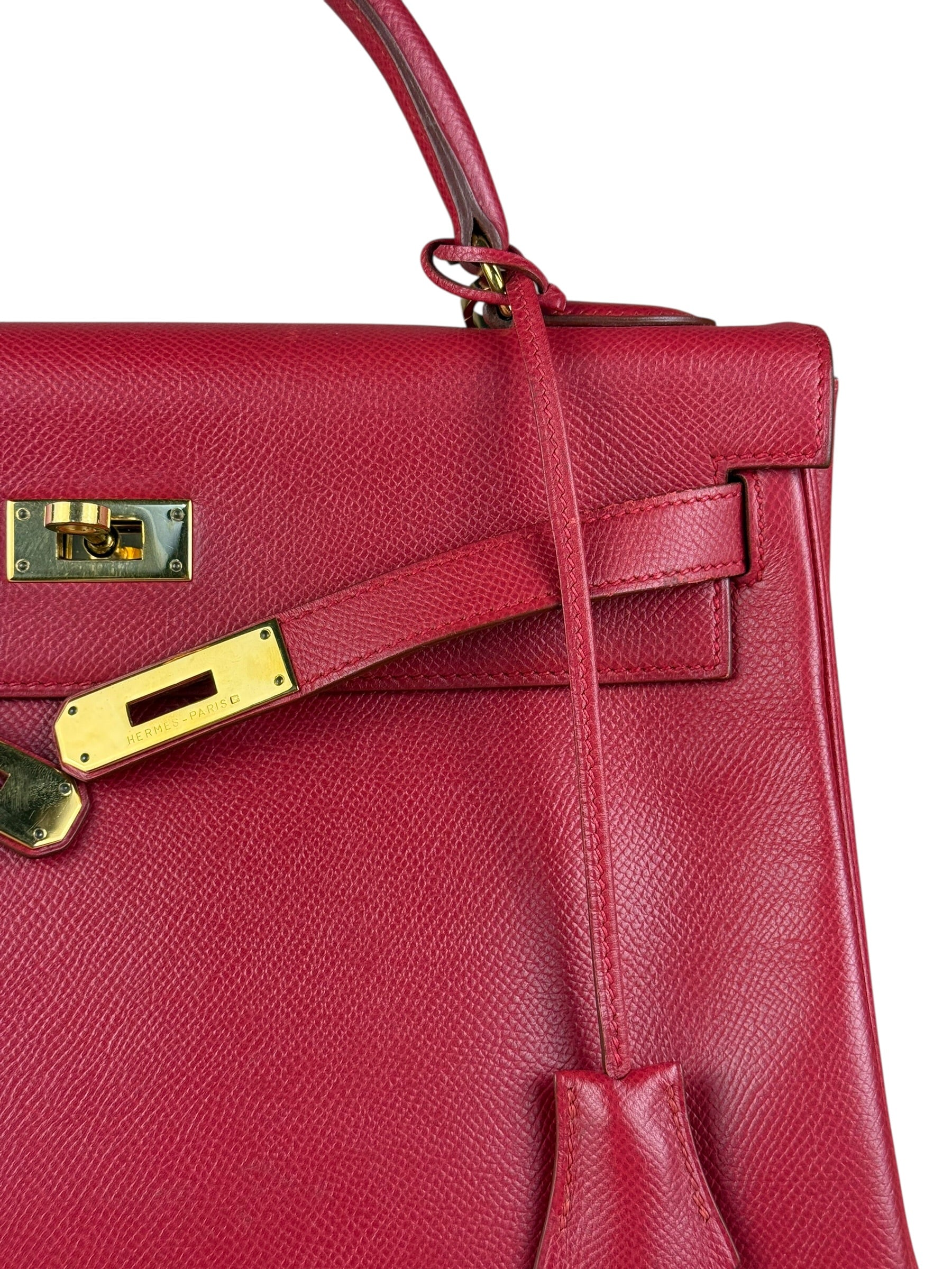 Hermes Kelly 32 Courchevel Rouge Vif Gold Handbag 1997