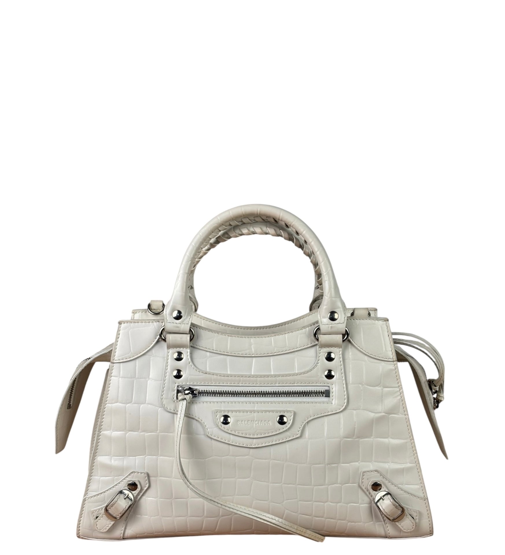 Balenciaga White Crocodile-Embossed Leather Two-Way Bag