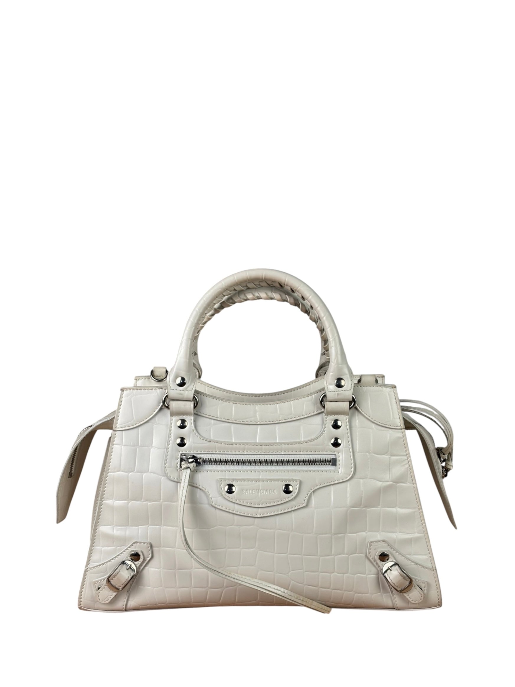 Balenciaga White Crocodile-Embossed Leather Two-Way Bag