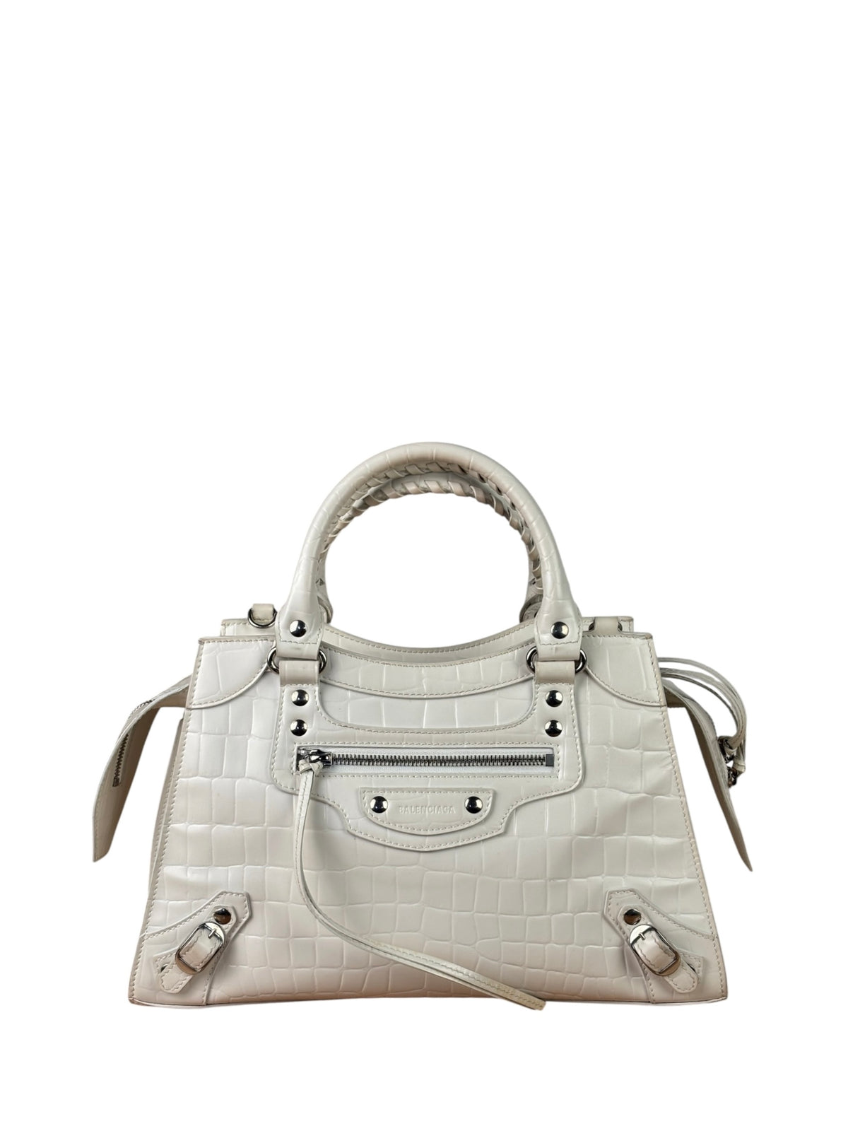 Balenciaga White Crocodile-Embossed Leather Two-Way Bag