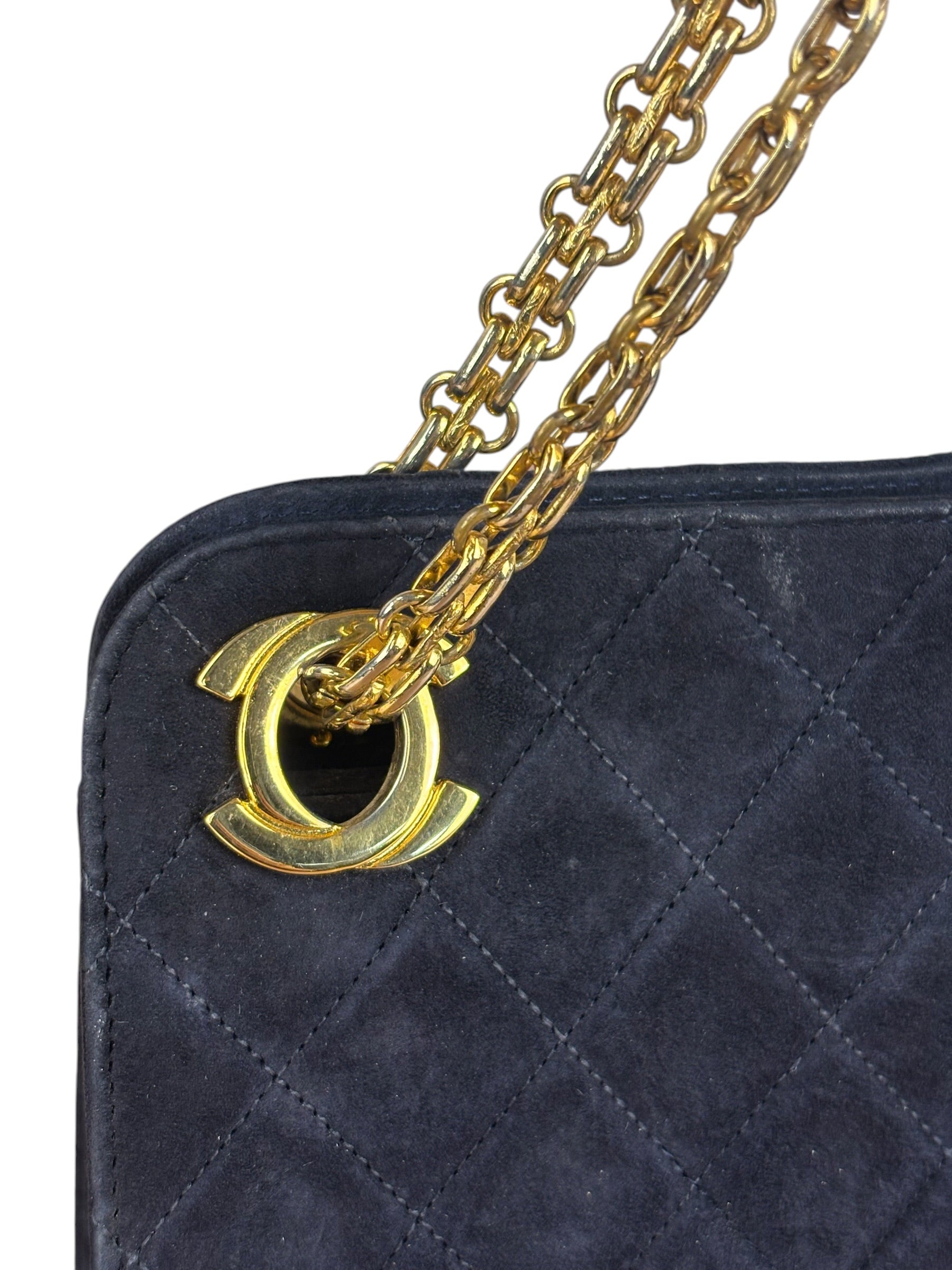 Chanel Vintage Navy Blue Matelasse Quilted Suede Chain Shoulder Bag