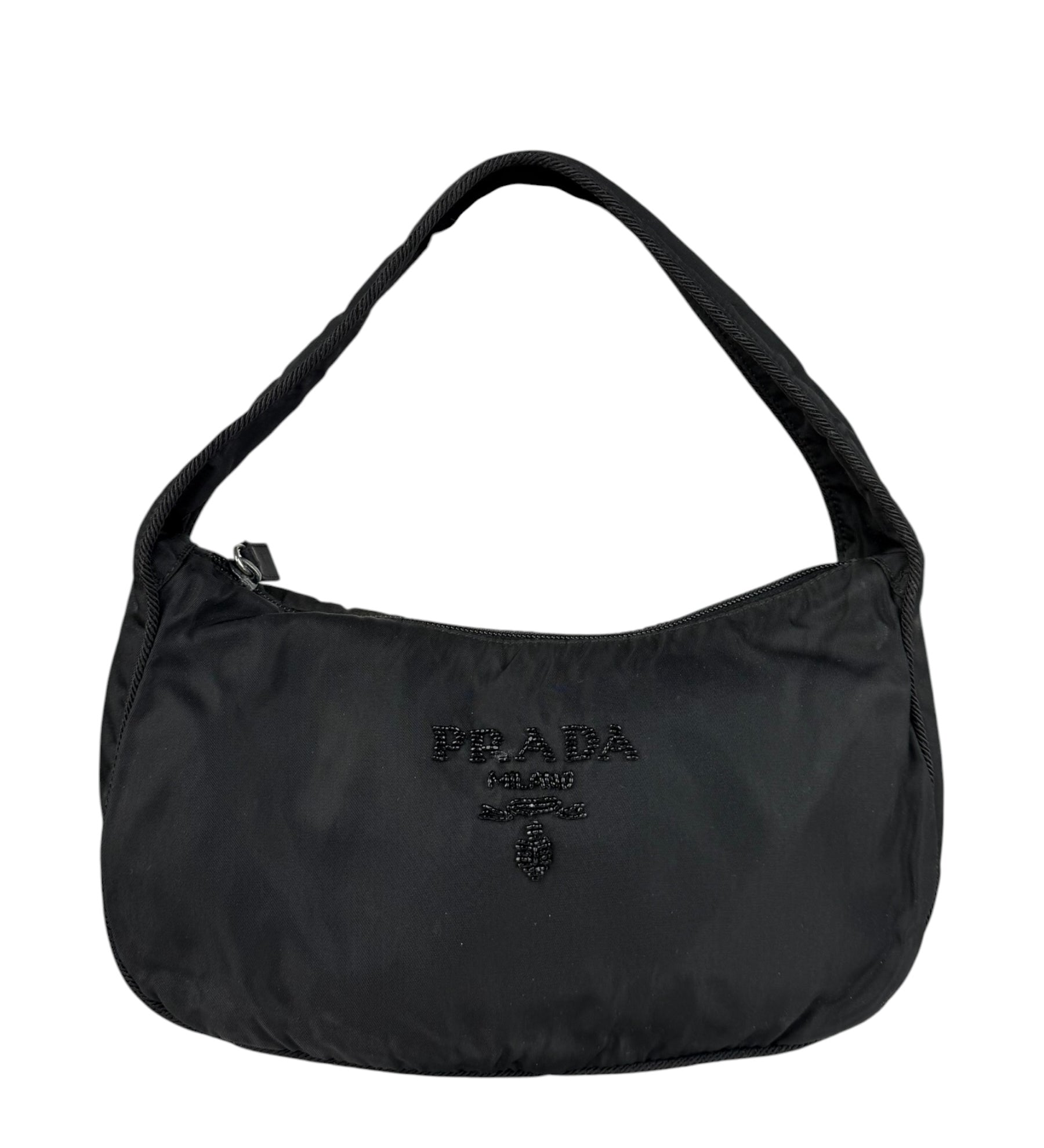 Prada Vintage Black Nylon Beaded Logo Shoulder Pochette